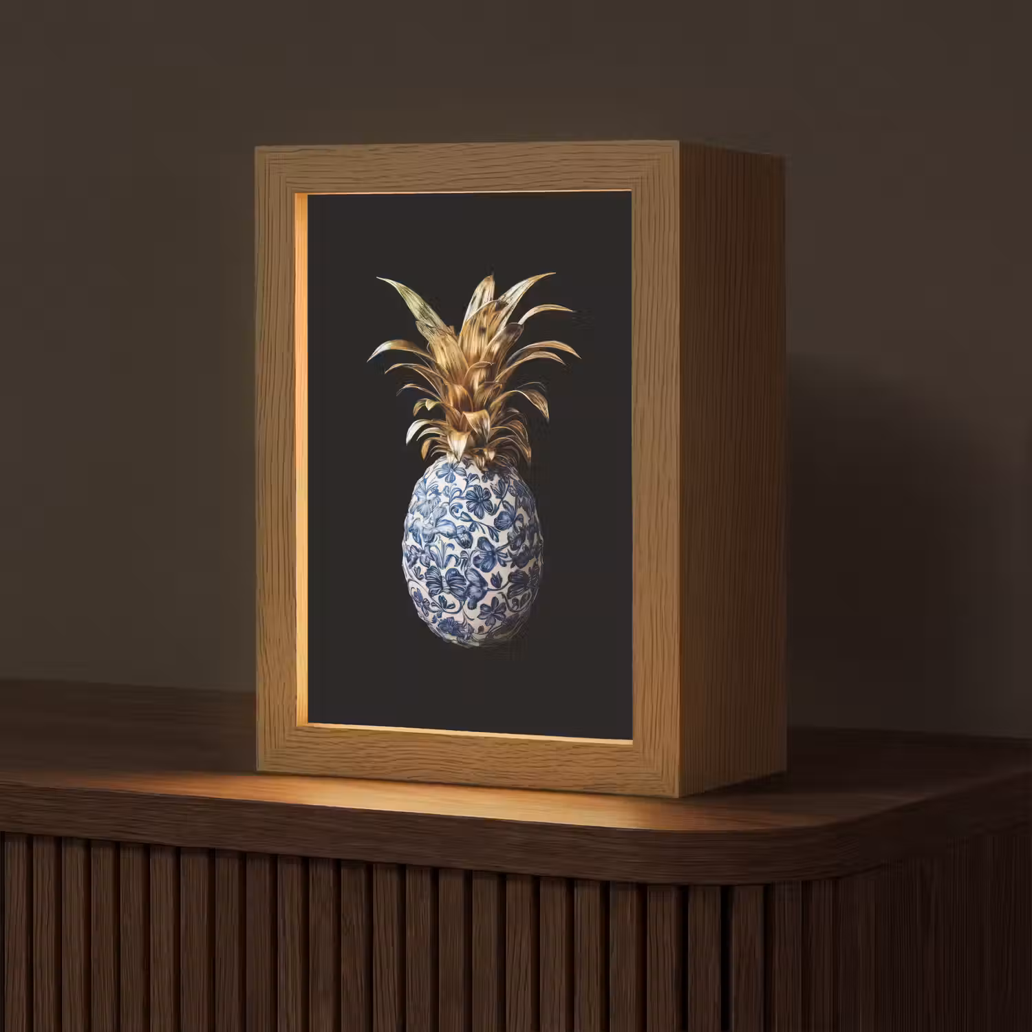 Ananas - Bloemen patroon - Goud - Delftsblauw Light Box met kabel (Tafellamp) klein -z3d_website