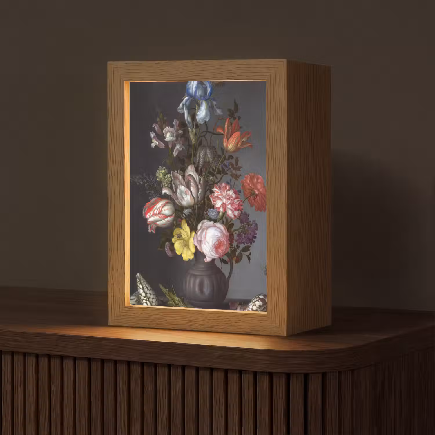 Bloemen in een vaas met schelpen en insecten - Balthasar van der Ast Light Box met kabel (Tafellamp) klein -z3d_website