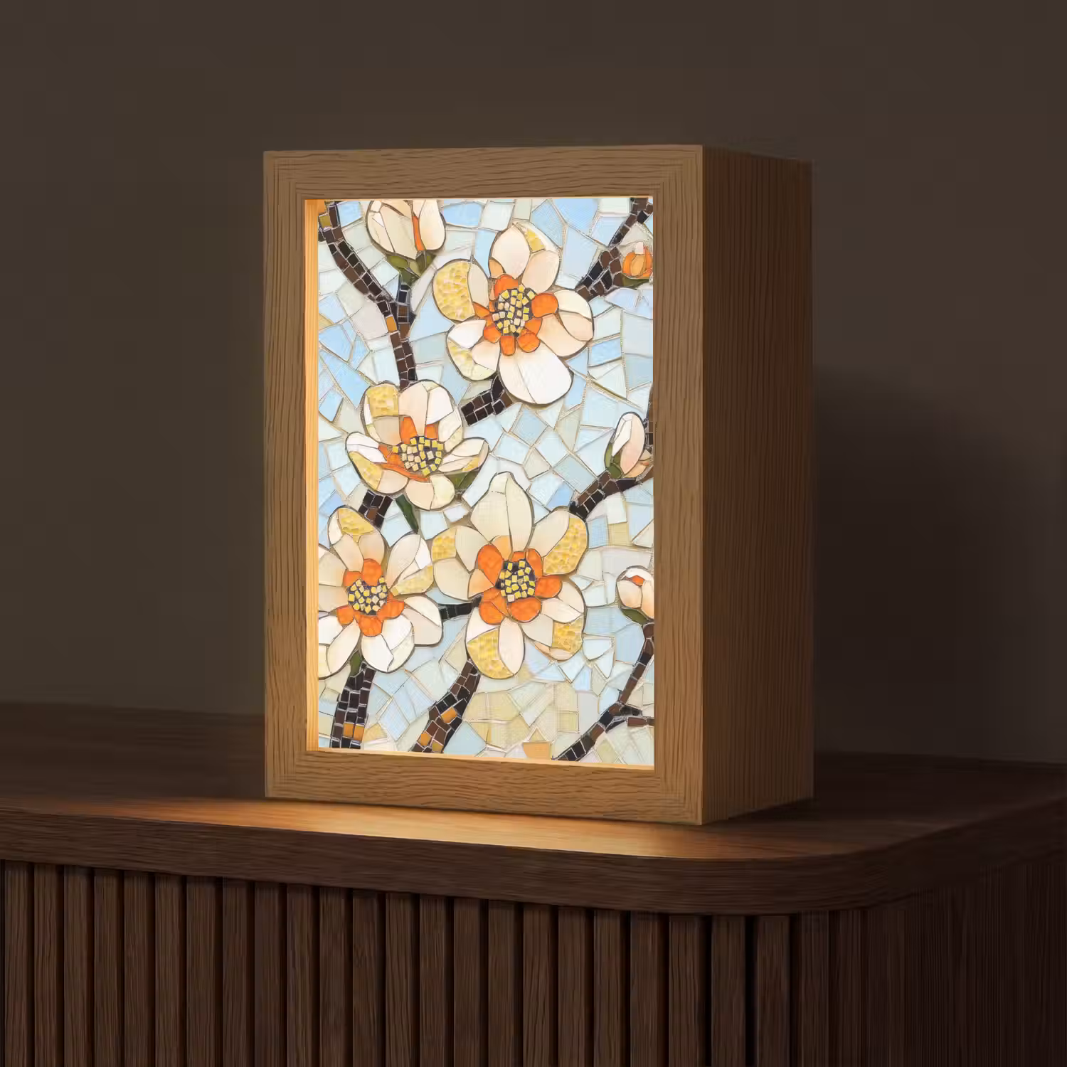 Bloesems - Wit - Mozaïek - Tak Light Box met kabel (Tafellamp) klein -z3d_website