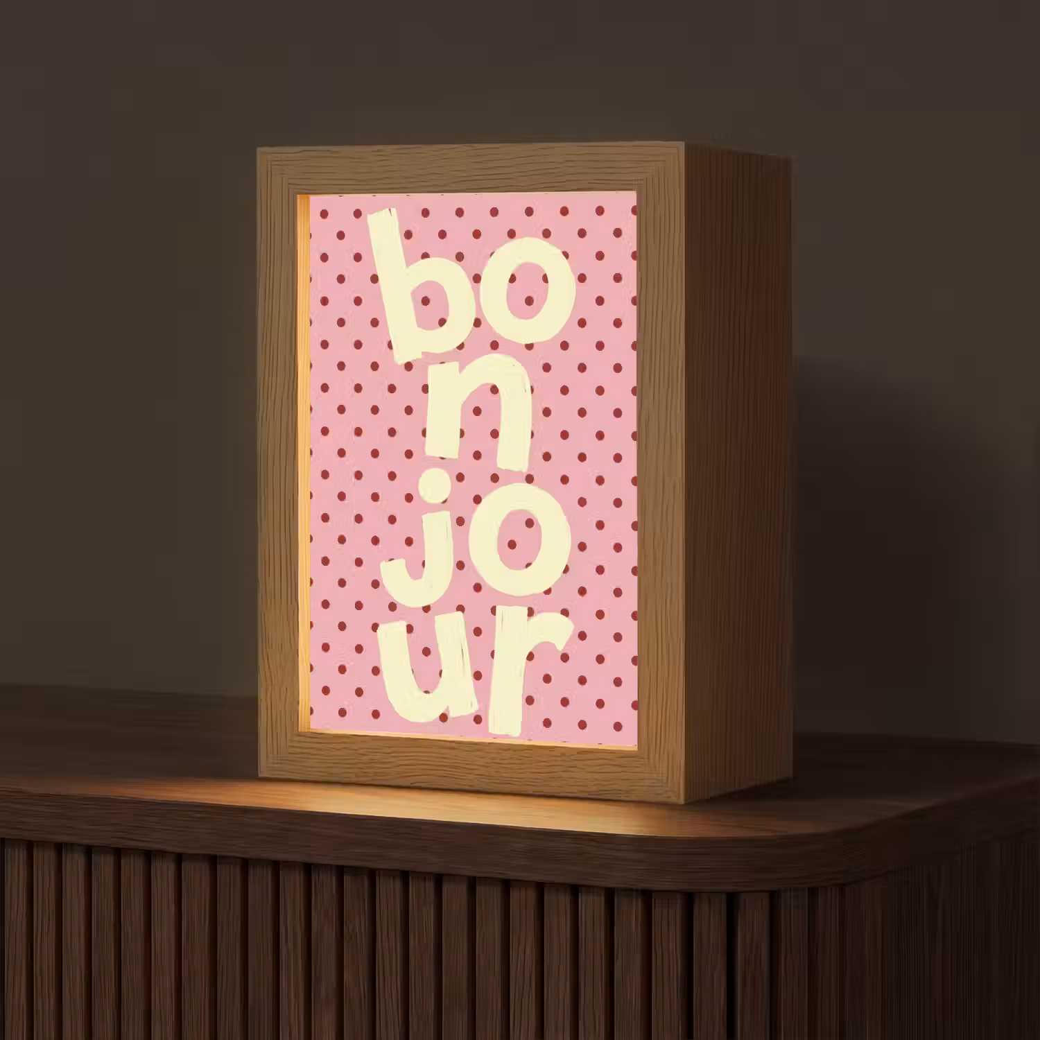 Bonjour - Stippen - Roze- Geel Light Box met kabel (Tafellamp) klein -z3d_website