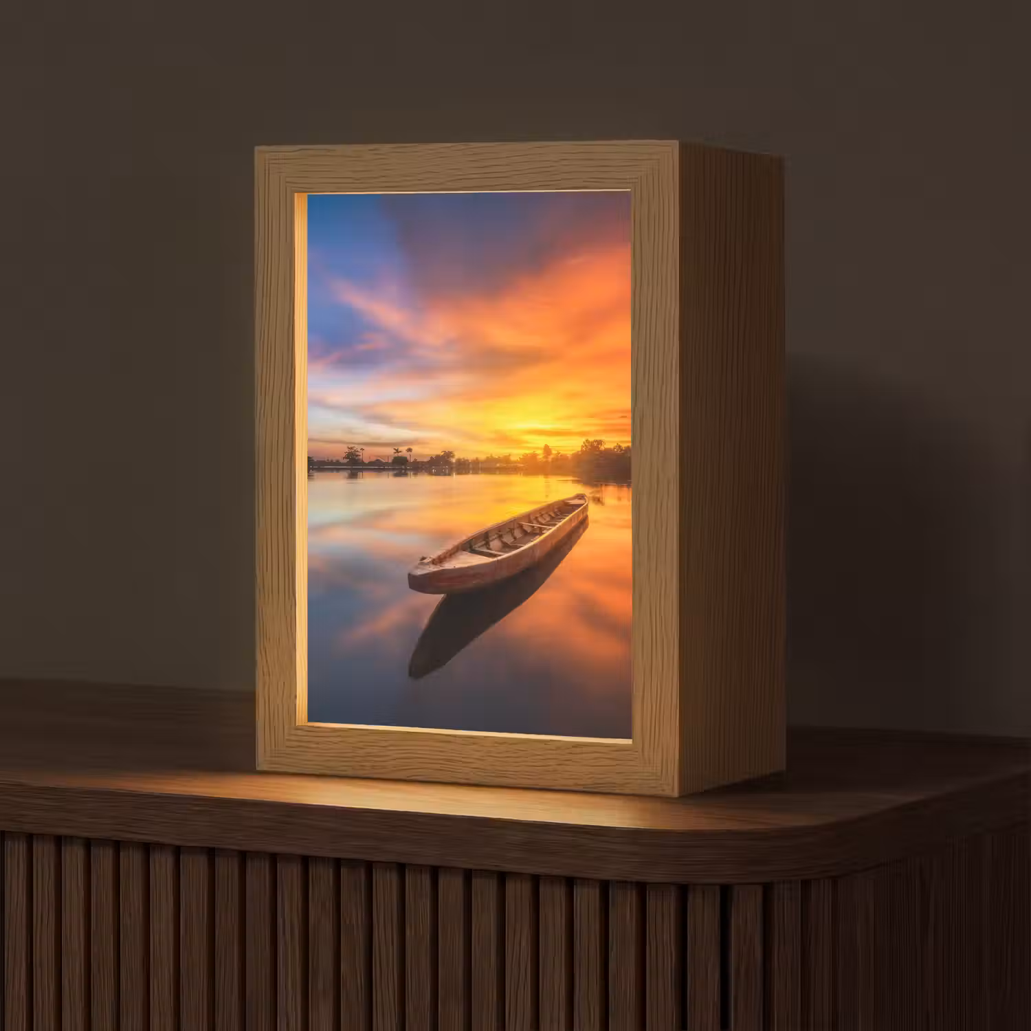Boot - Water - Zonsondergang - Oranje - Water Light Box met kabel (Tafellamp) klein -z3d_website