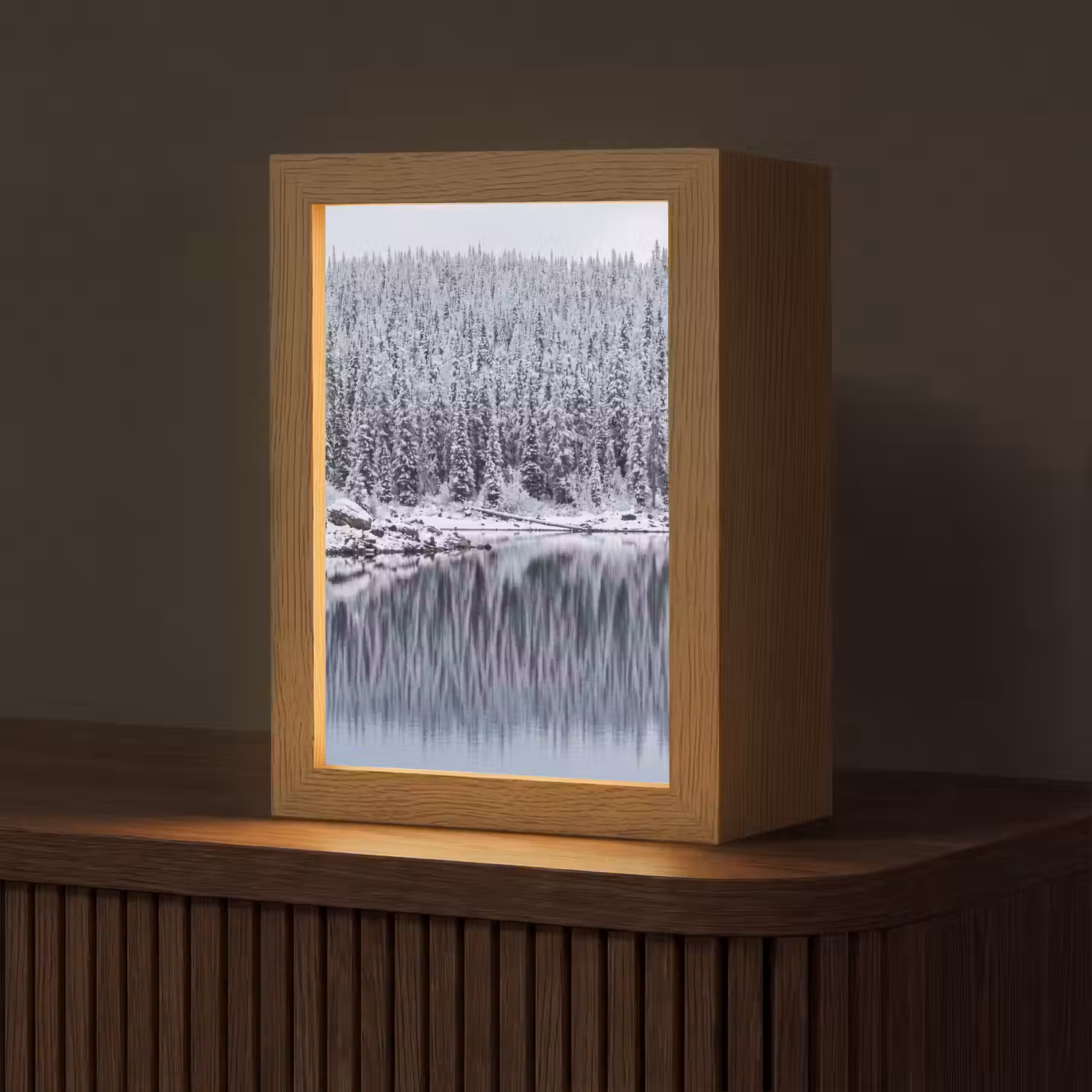 Bos - Reflectie - Meer - Winter - Serene Light Box met kabel (Tafellamp) klein -z3d_website