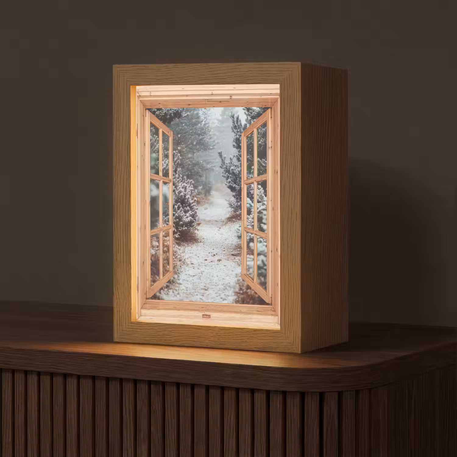 Bos - Winter - Bomen - Natuur - Pad - Doorkijk Light Box met kabel (Tafellamp) klein -z3d_website