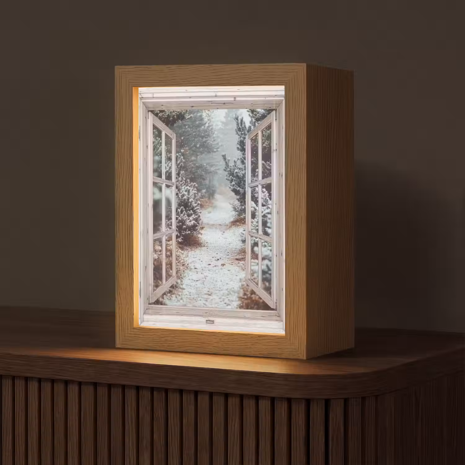 Bos - Winter - Bomen - Natuur - Pad - Doorkijk - Wit Light Box met kabel (Tafellamp) klein -z3d_website
