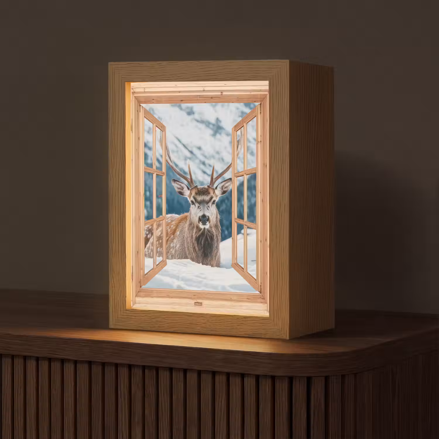 Doorkijk - Hert - Landschap - Winter - Natuur - Dieren - Bergen Light Box met kabel (Tafellamp) klein -z3d_website