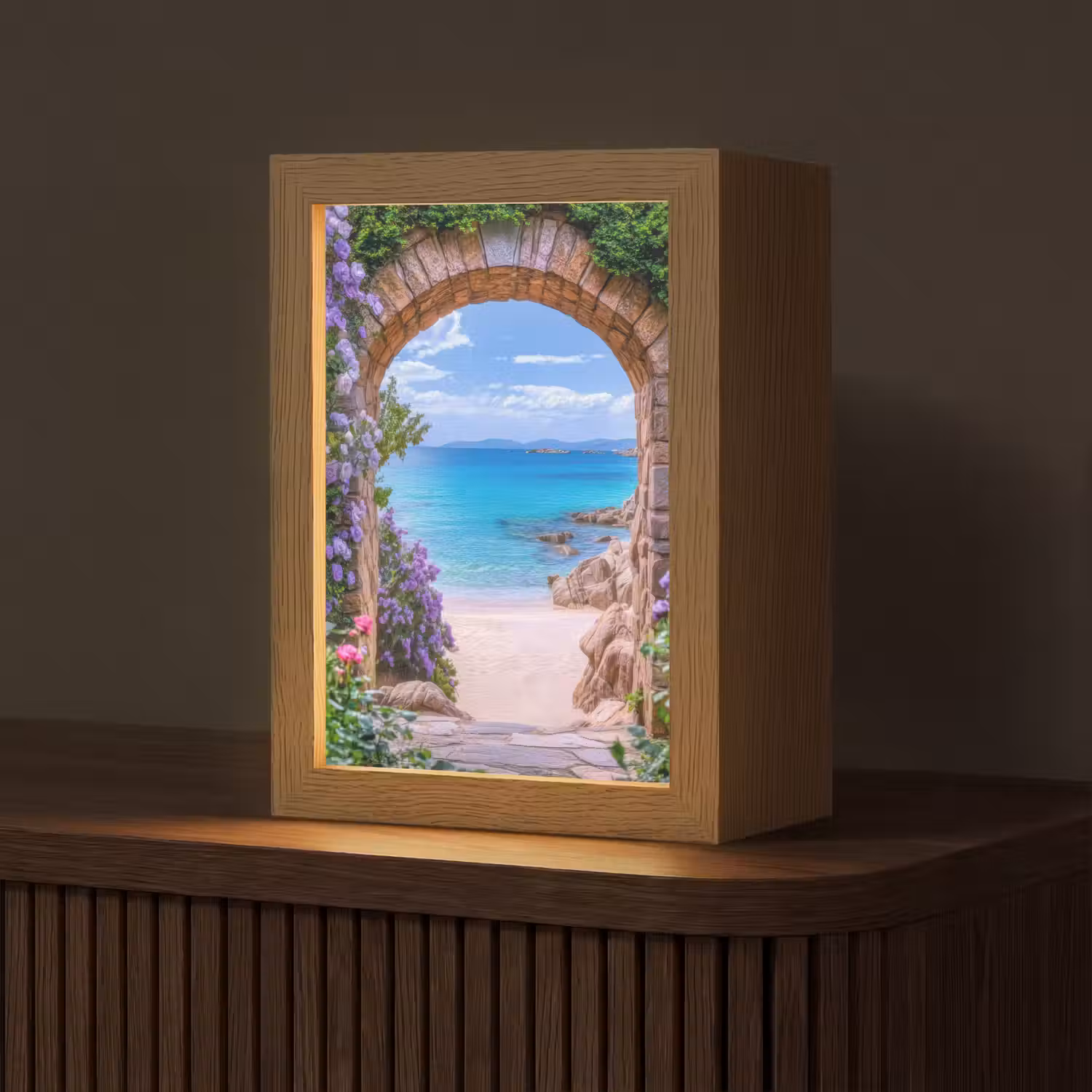 Doorkijk - Poort - Zee - Strand - Rotsen Light Box met kabel (Tafellamp) klein -z3d_website