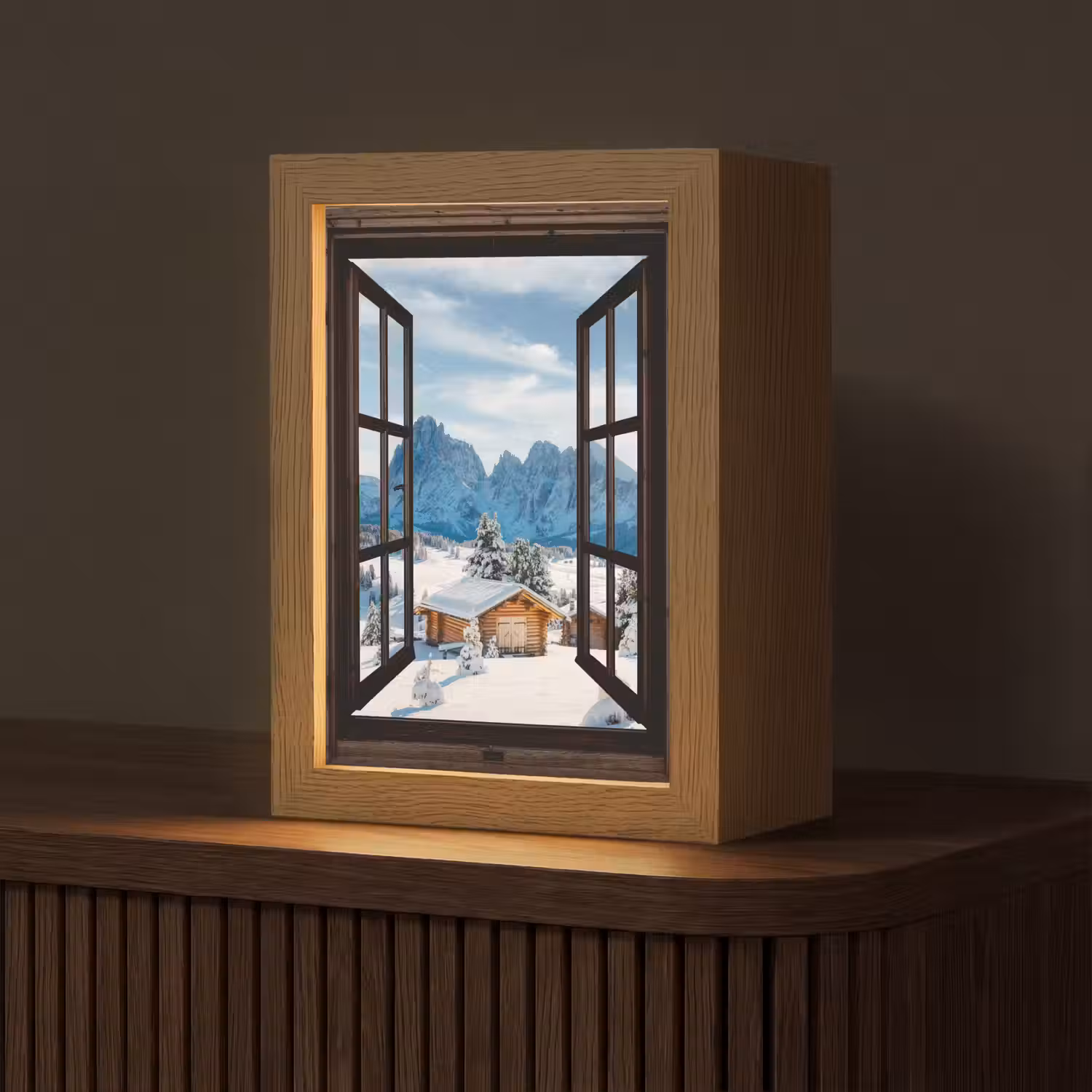 Doorkijk - Winter - Landschap - Huisje - Bergen Light Box met kabel (Tafellamp) klein -z3d_website