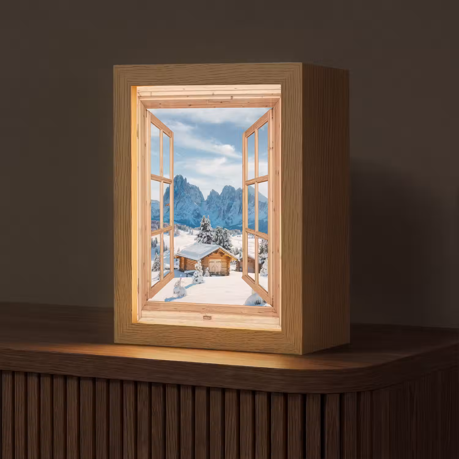 Doorkijk - Winterlandschap - Huisje - Bergen - Uitzicht Light Box met kabel (Tafellamp) klein -z3d_website