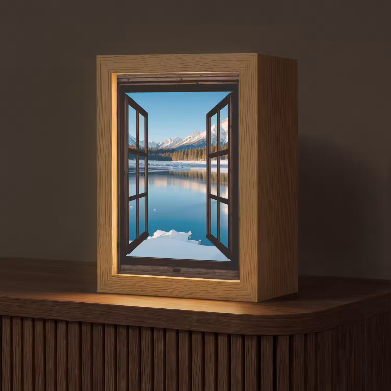 Doorkijk - Winterlandschap - Meer - Bergen - Uitzicht Light Box met kabel (Tafellamp) klein -z3d_website
