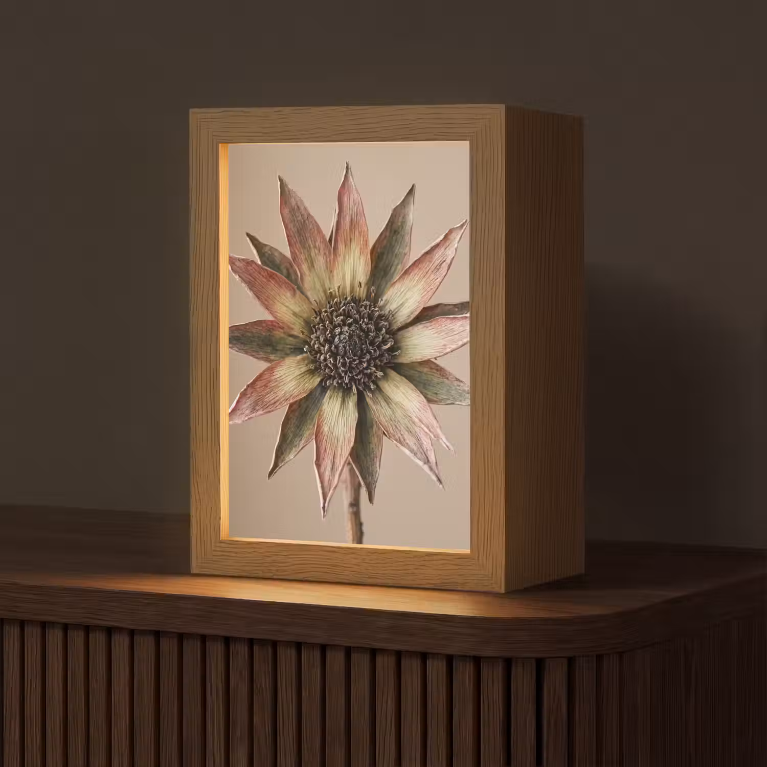 Droogbloem - Protea - Vintage - Beige - Rustiek Light Box met kabel (Tafellamp) klein -z3d_website