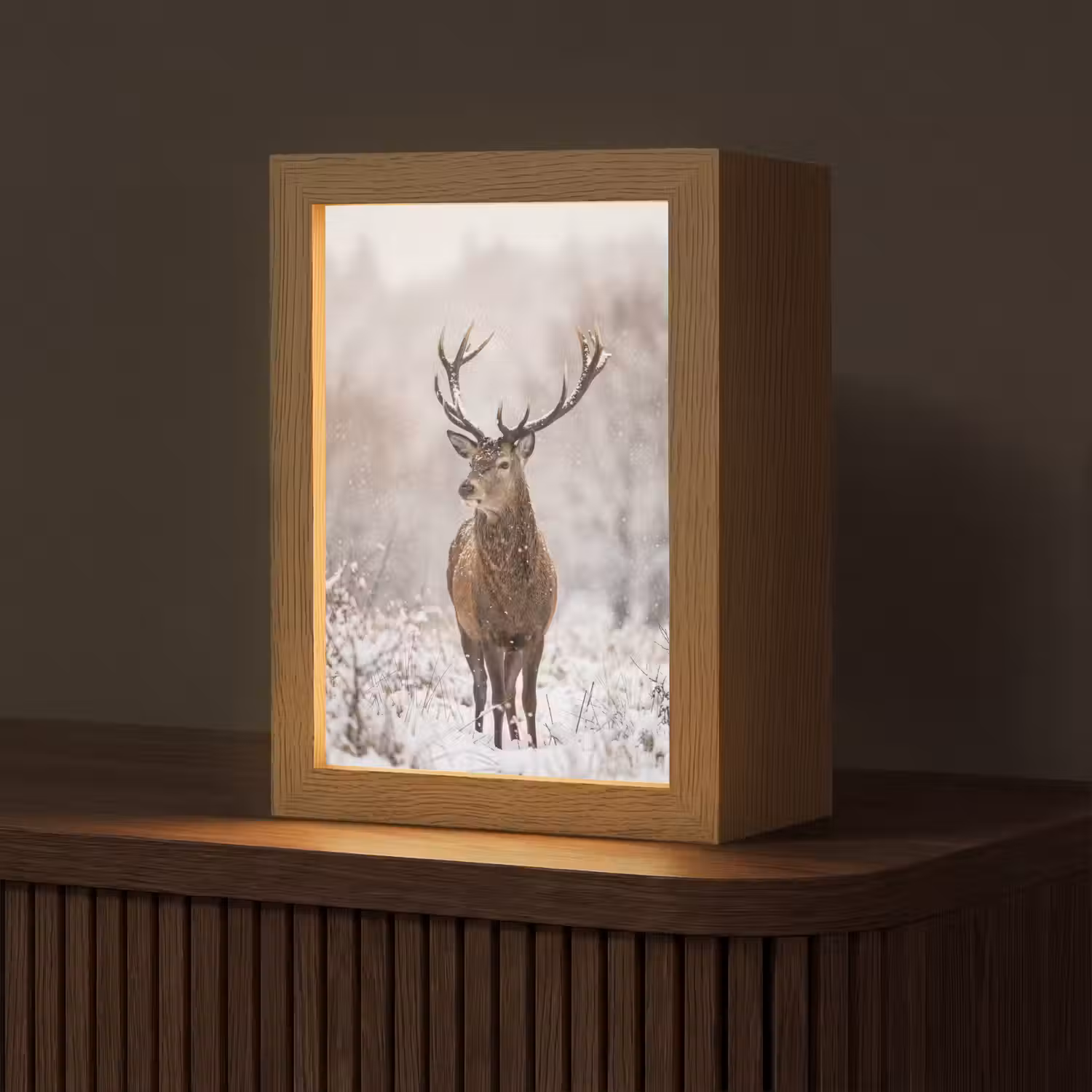 Edelhert - Bos - Sneeuw - Winter - Majestueus Light Box met kabel (Tafellamp) klein -z3d_website