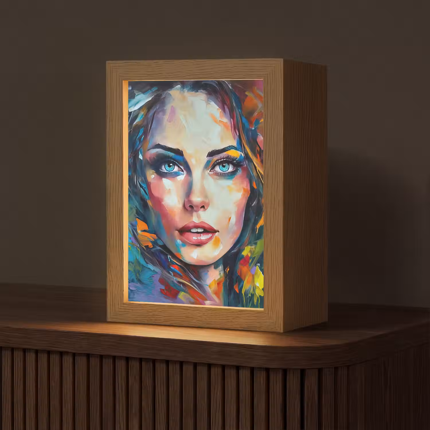 Gezicht - Vrouw - Olieverf - Kleurrijk - Kunst Light Box met kabel (Tafellamp) klein -z3d_website
