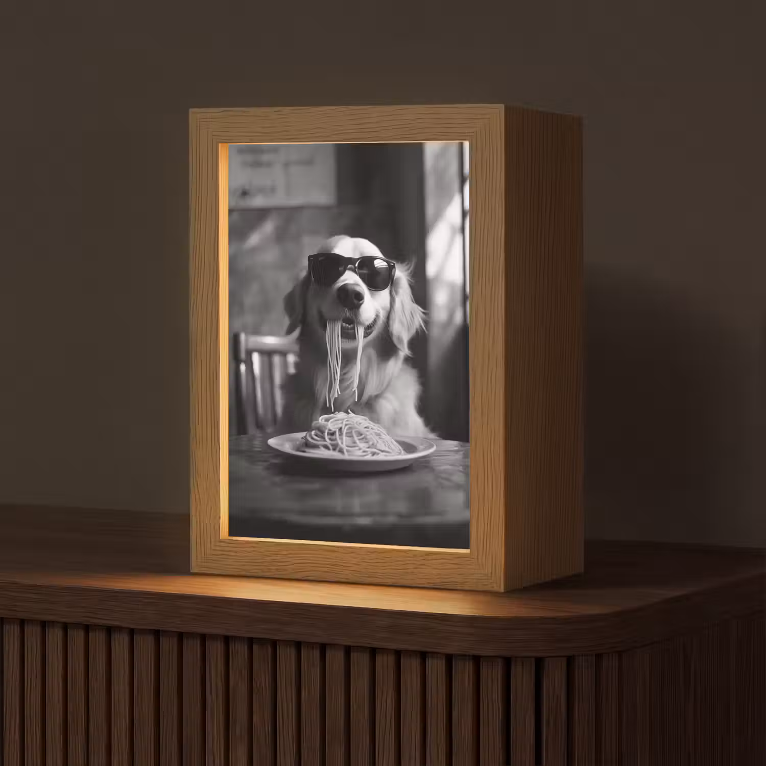 Golden Retriever - Hond - Vrolijk - Bord spaghetti - Zwart - wit Light Box met kabel (Tafellamp) klein -z3d_website