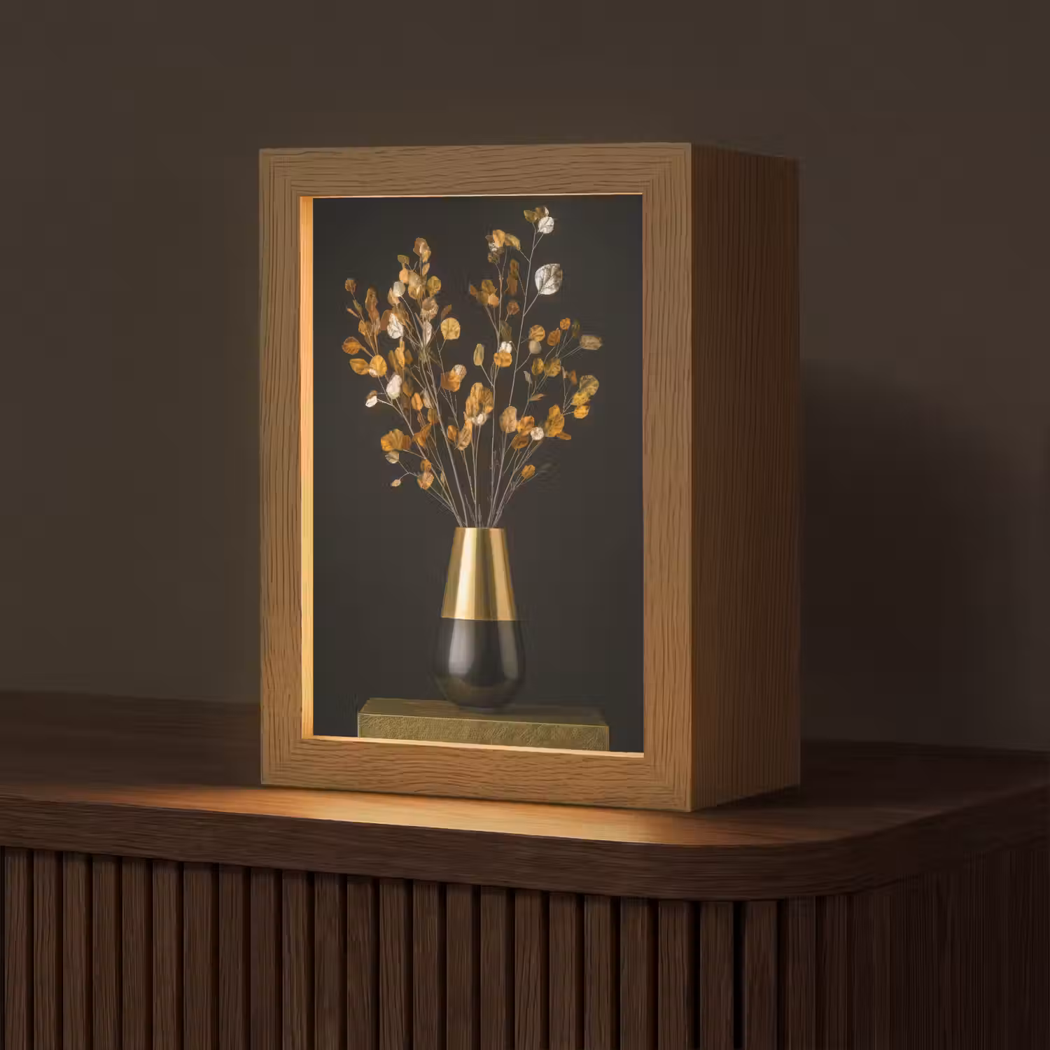Goudbruine - Bladeren - Vaas - Herfstachtig Light Box met kabel (Tafellamp) klein -z3d_website