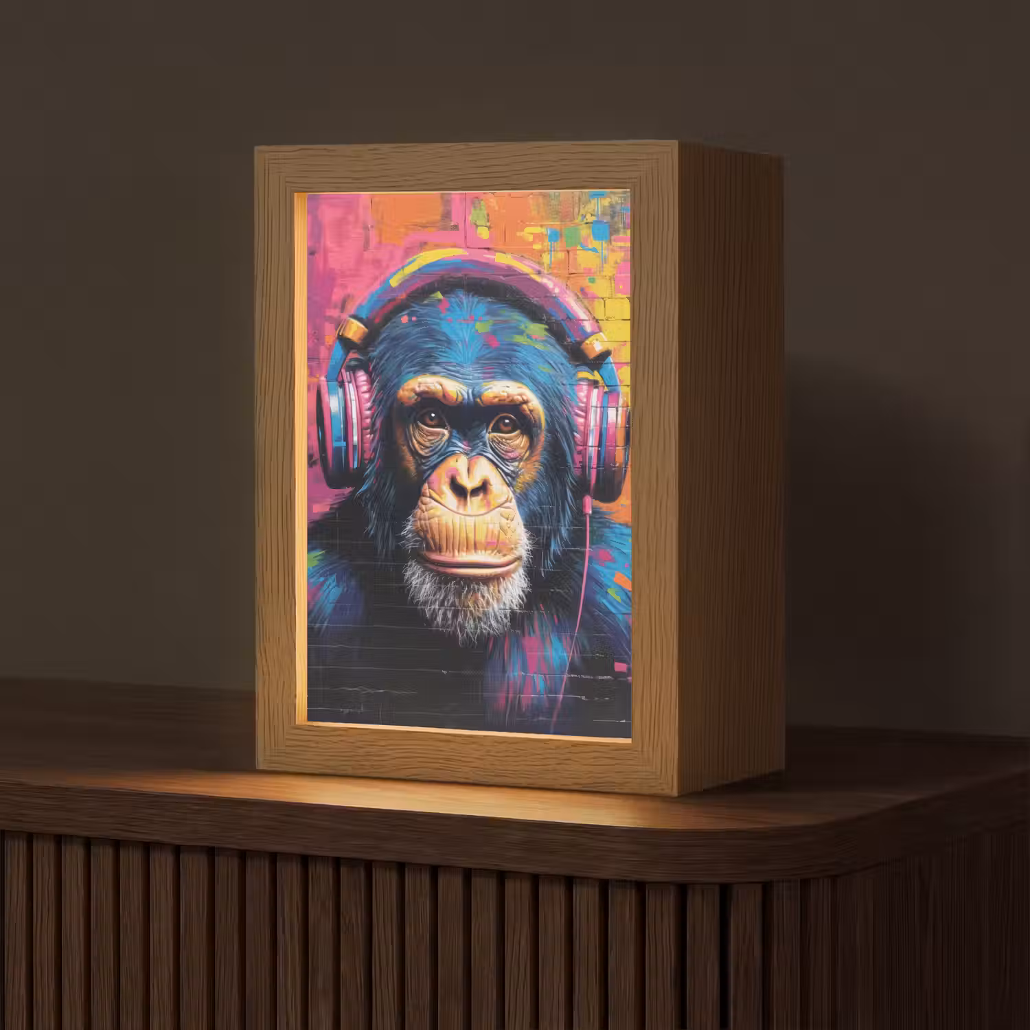 Graffiti - Chimpansee - Street art - Koptelefoon - Aap Light Box met kabel (Tafellamp) klein -z3d_website