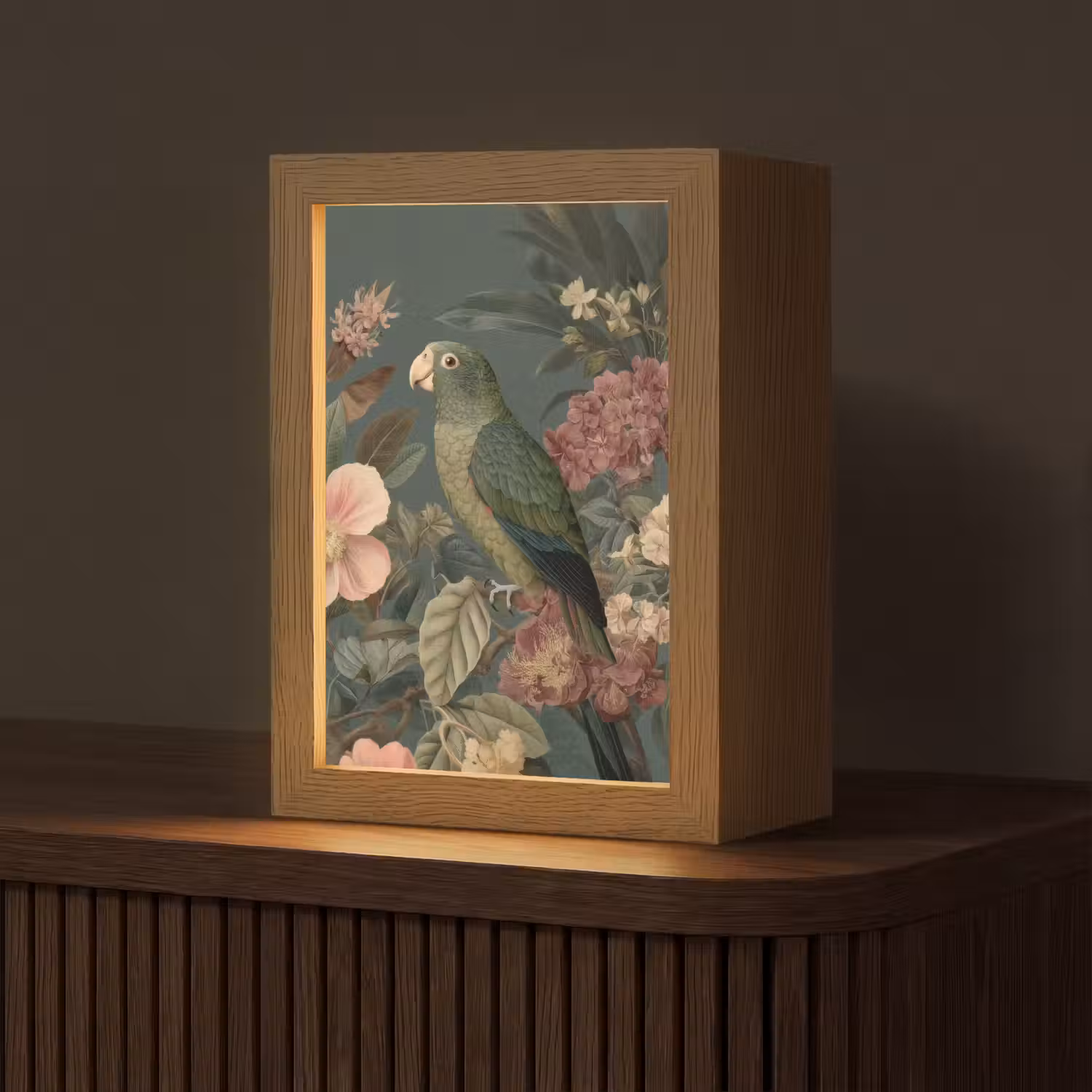 Groene papegaai - Kleurrijke bloemen - Donkere achtergrond Light Box met kabel (Tafellamp) klein -z3d_website