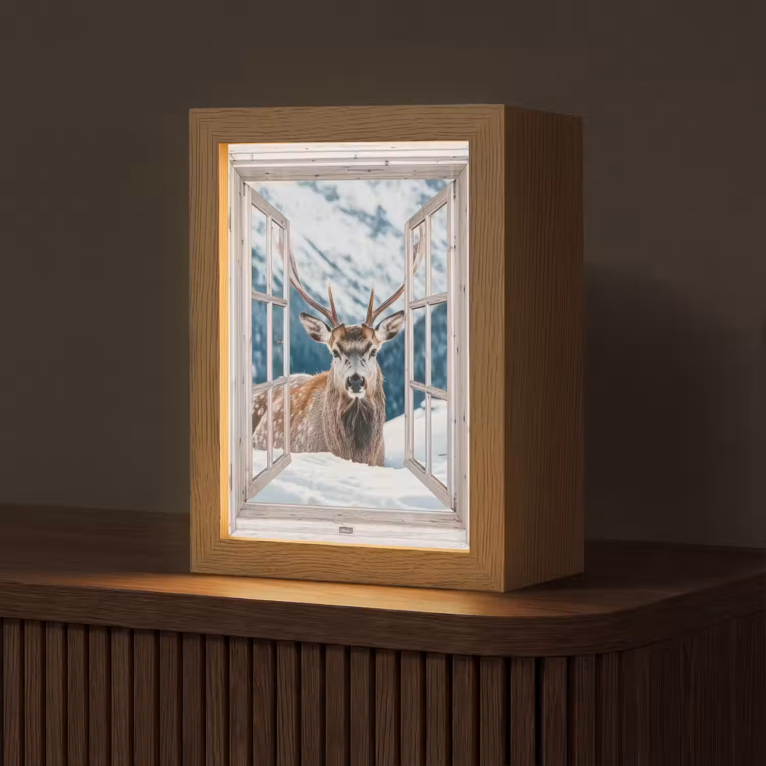 Hert - Winterlandschap - Natuur - Dieren - Doorkijk - Bergen Light Box met kabel (Tafellamp) klein -z3d_website