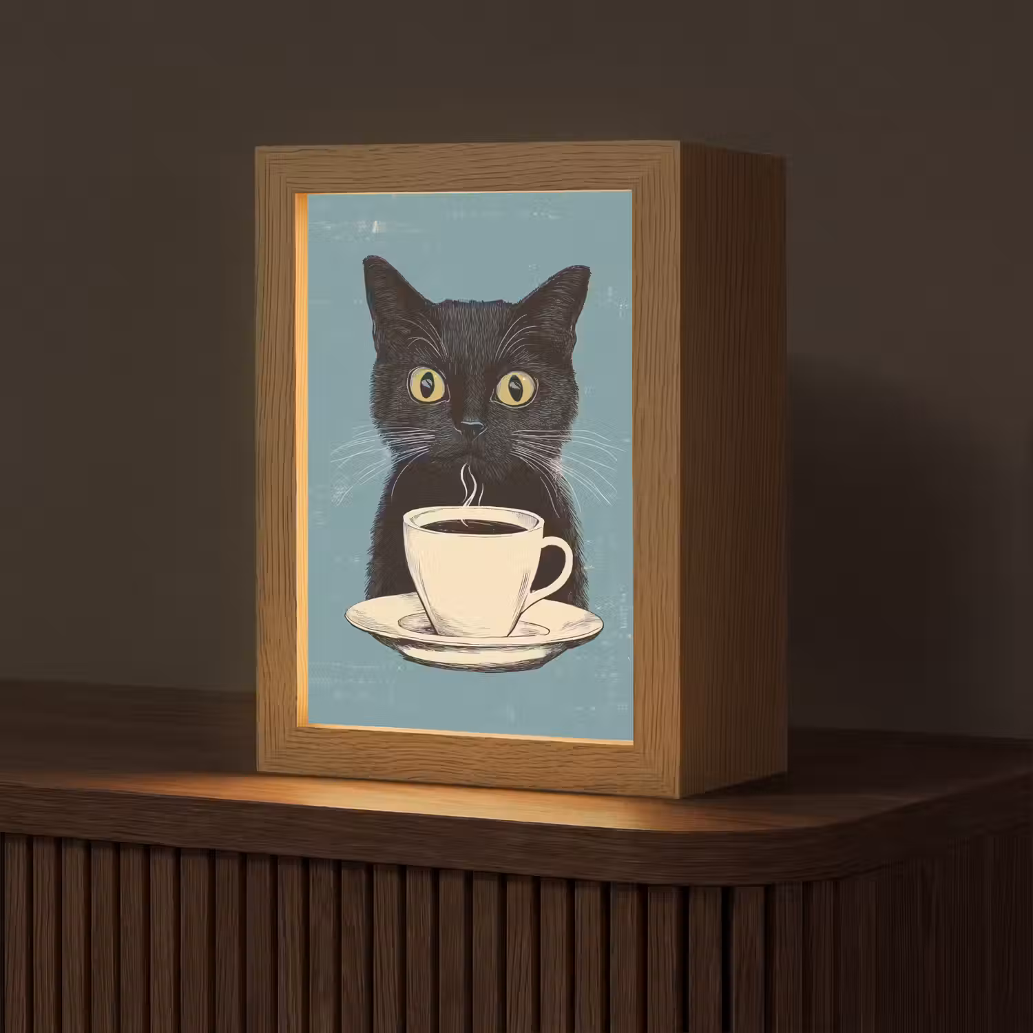 Kat - Zwart - Koffie - Minimalistisch Light Box met kabel (Tafellamp) klein -z3d_website