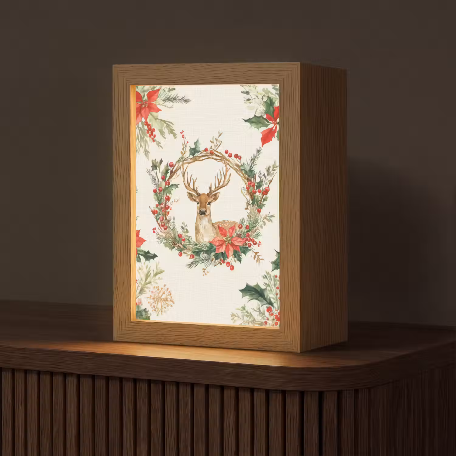 Kerstkrans - Hert - Hulst - Rood Light Box met kabel (Tafellamp) klein -z3d_website