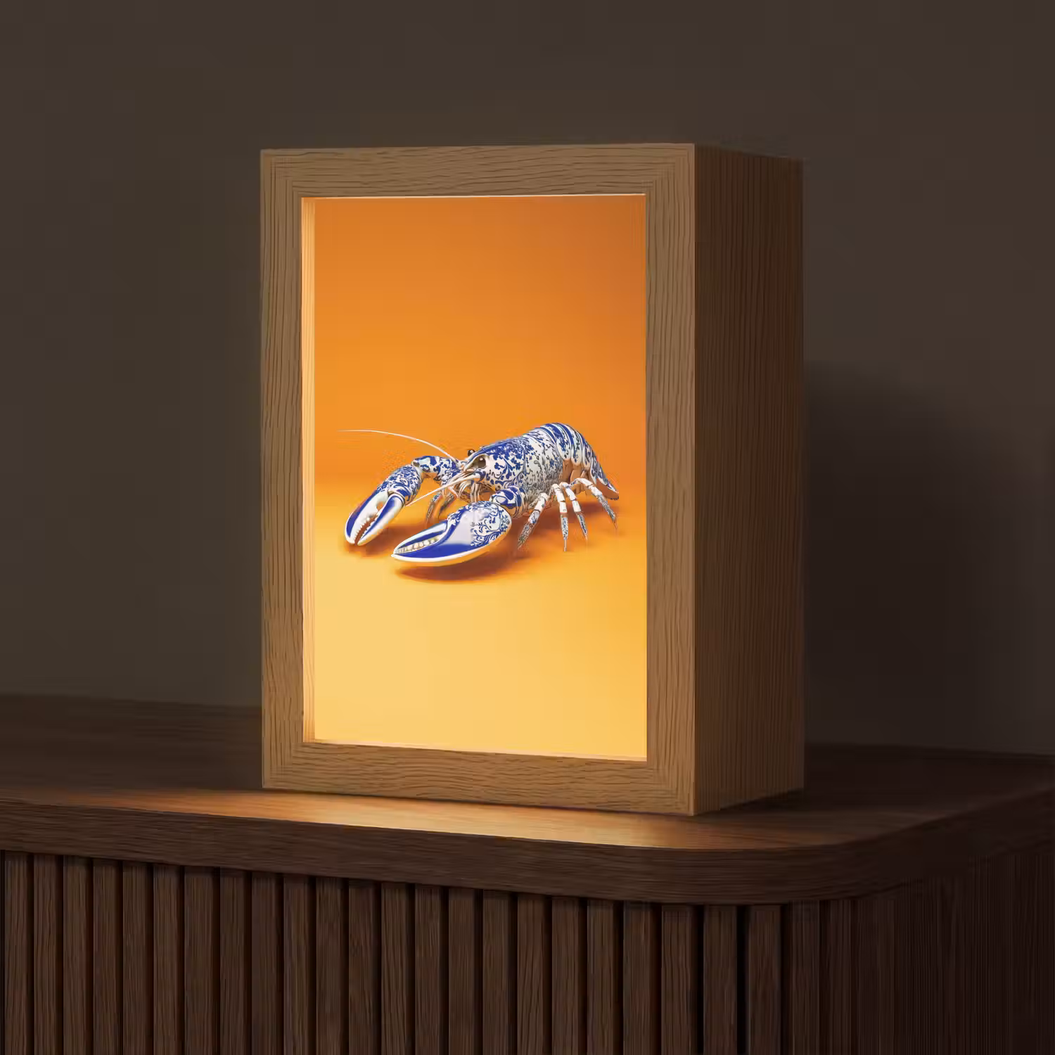 Kreeft - Delftsblauw - Schild - Stoer - Oranje Light Box met kabel (Tafellamp) klein -z3d_website
