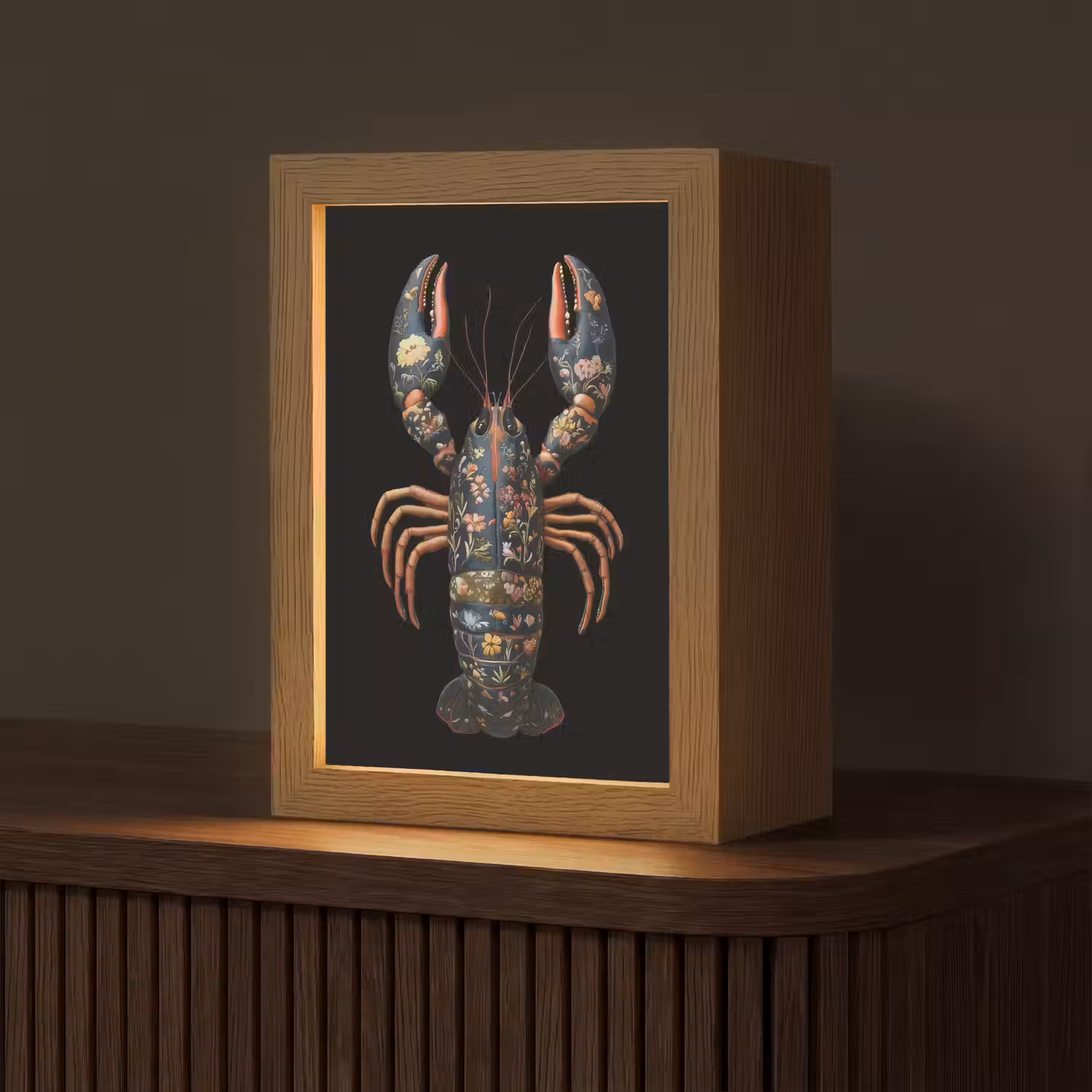 Kreeft - Zwart - Bloemenpatroon - Artistiek Light Box met kabel (Tafellamp) klein -z3d_website