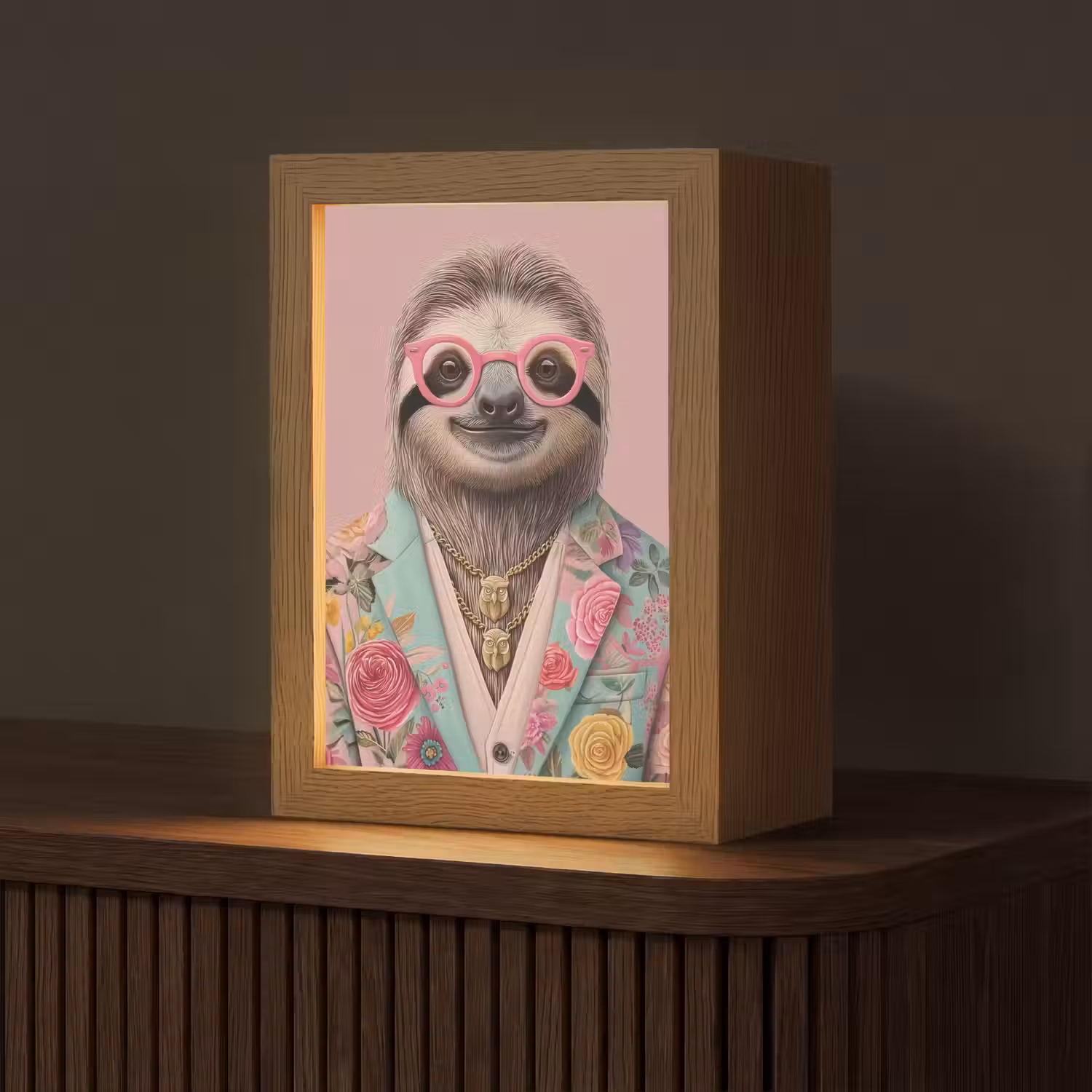 Luiaard - Bloemenprint - Bril - Roze Light Box met kabel (Tafellamp) klein -z3d_website