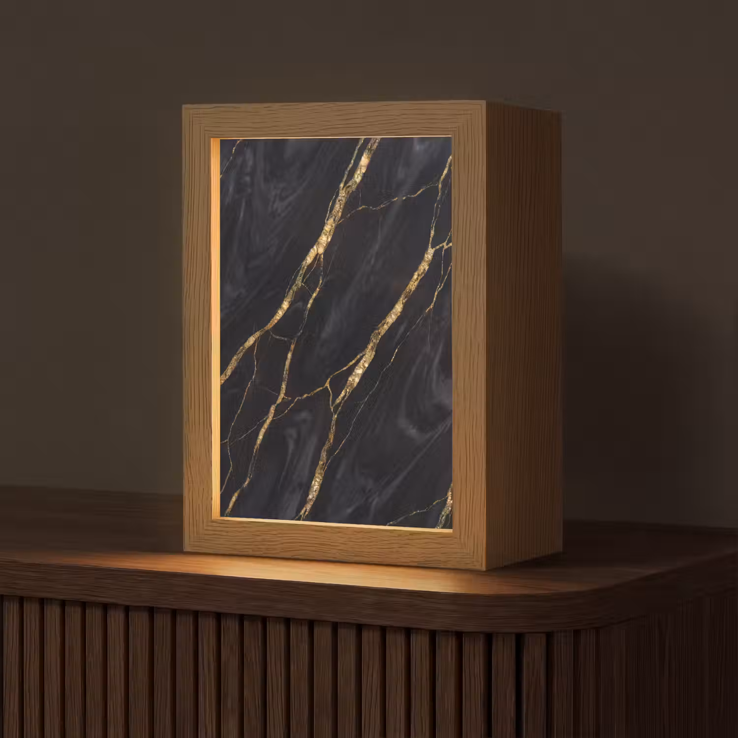 Marmer - Gouden aders - Abstract - Zwart Light Box met kabel (Tafellamp) klein -z3d_website