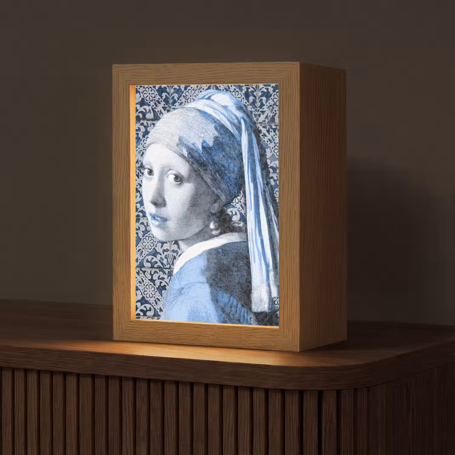 Meisje met de parel - Johannes Vermeer - Delfts blauw Light Box met kabel (Tafellamp) klein -z3d_website