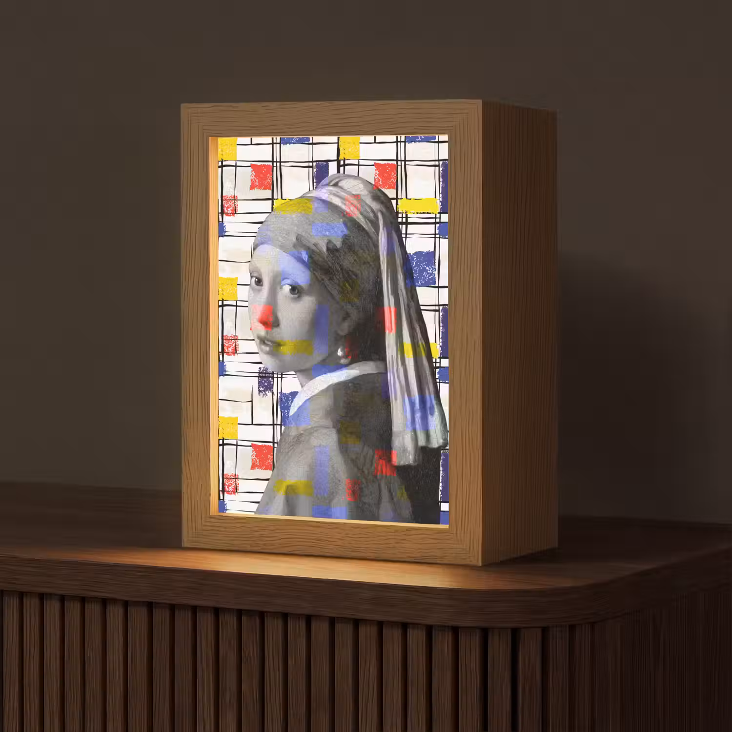 Mondriaan - Meisje met de parel - Collage Light Box met kabel (Tafellamp) klein -z3d_website