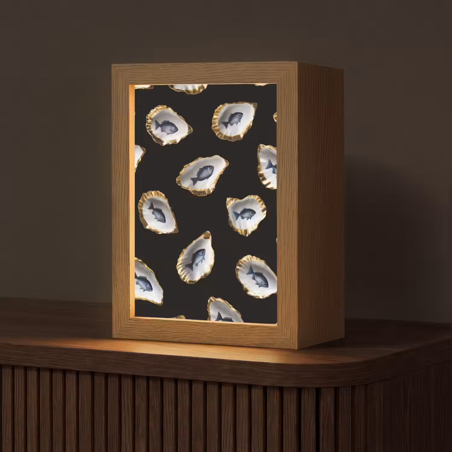 Oesters - Vissen - Blauw - Goud Light Box met kabel (Tafellamp) klein -z3d_website