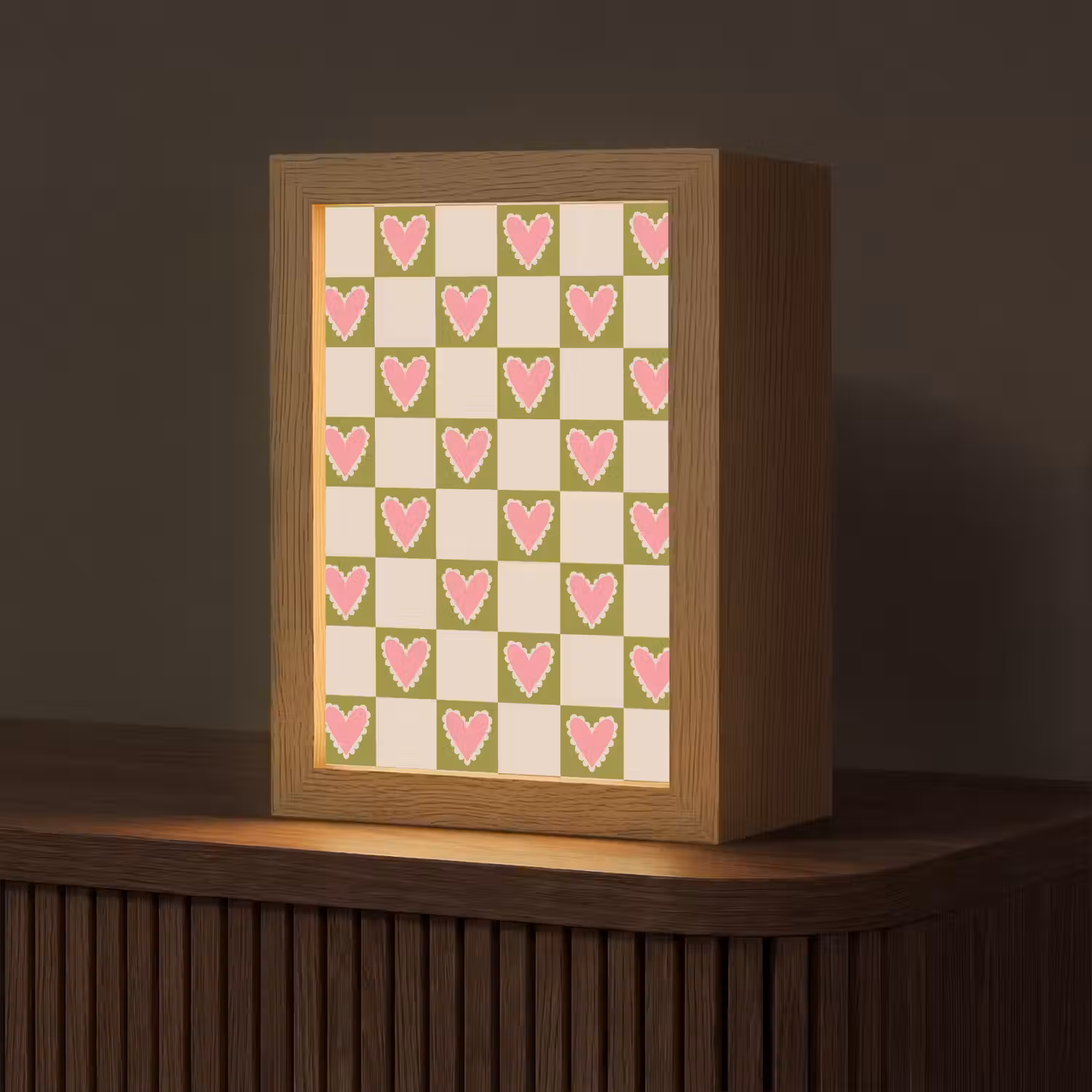 Olijfgroen - Hartjes - Patroon - Retro Light Box met kabel (Tafellamp) klein 925 -z3d_website