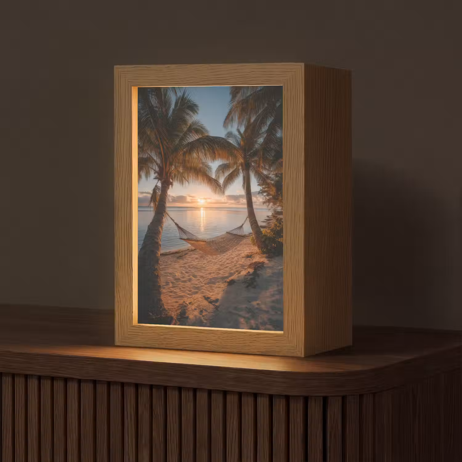Palmbomen - Hangmat - Strand - Zonsondergang Light Box met kabel (Tafellamp) klein -z3d_website