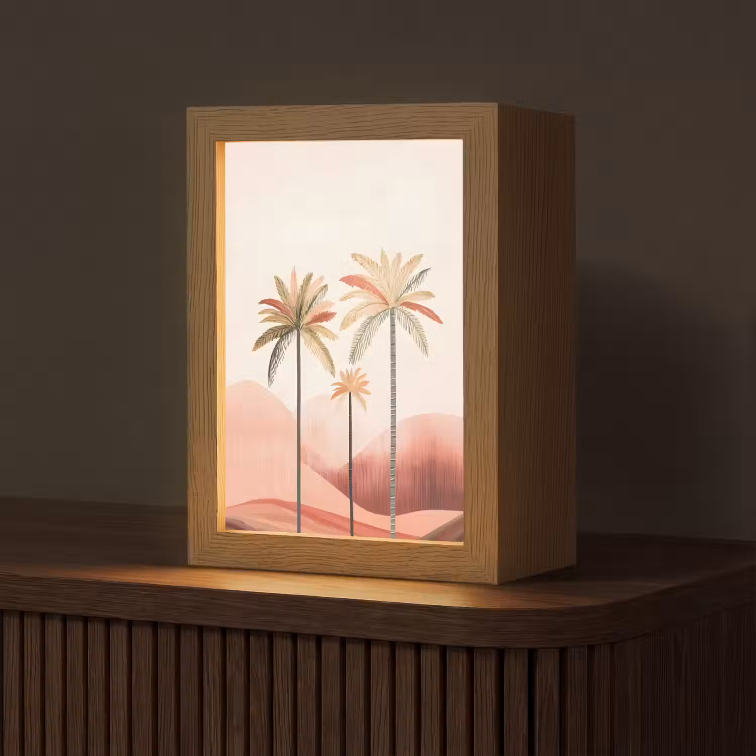 Palmbomen - Heuvels - Minimalistisch - Zachtroze Light Box met kabel (Tafellamp) klein -z3d_website