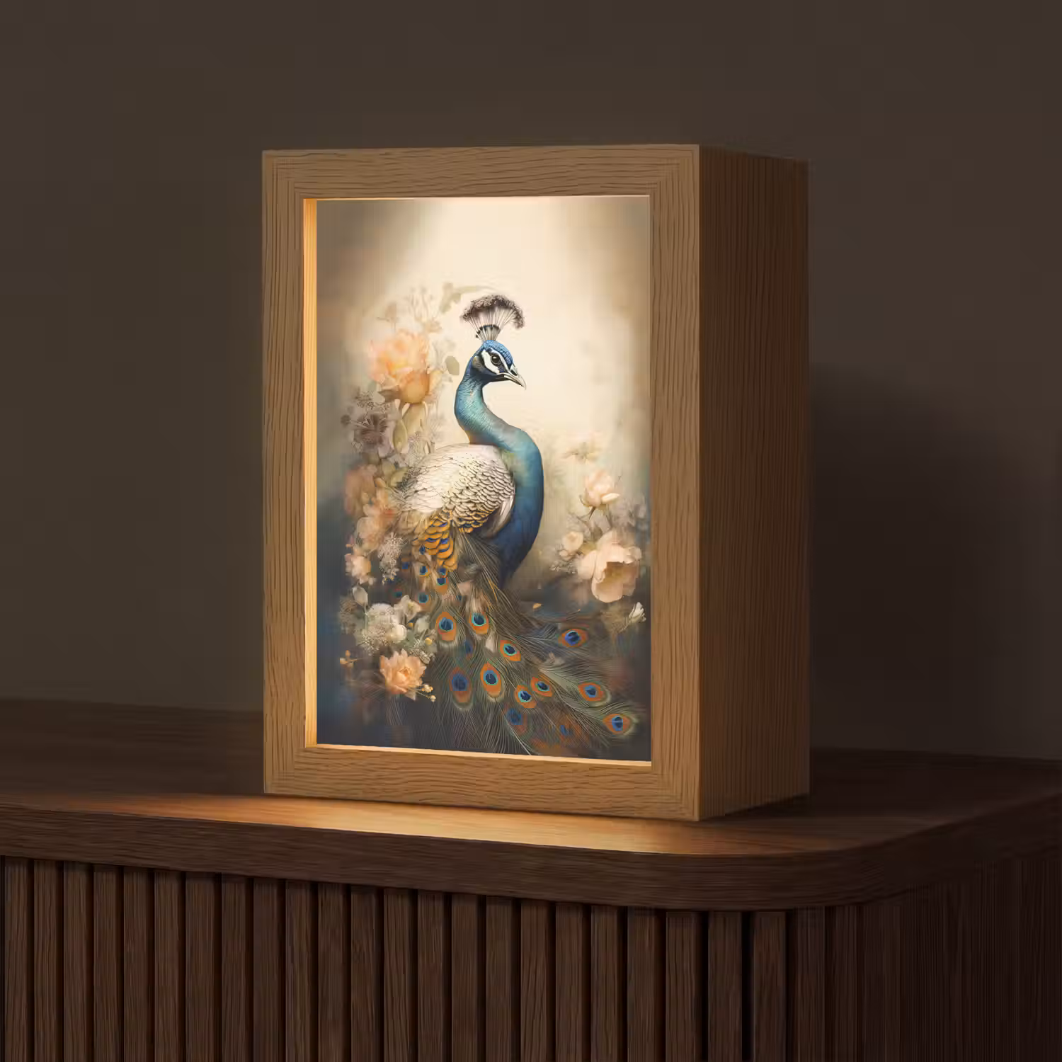 Pauw - Pauwenveren - Bloemen - Vogels - Botanisch Light Box met kabel (Tafellamp) klein -z3d_website