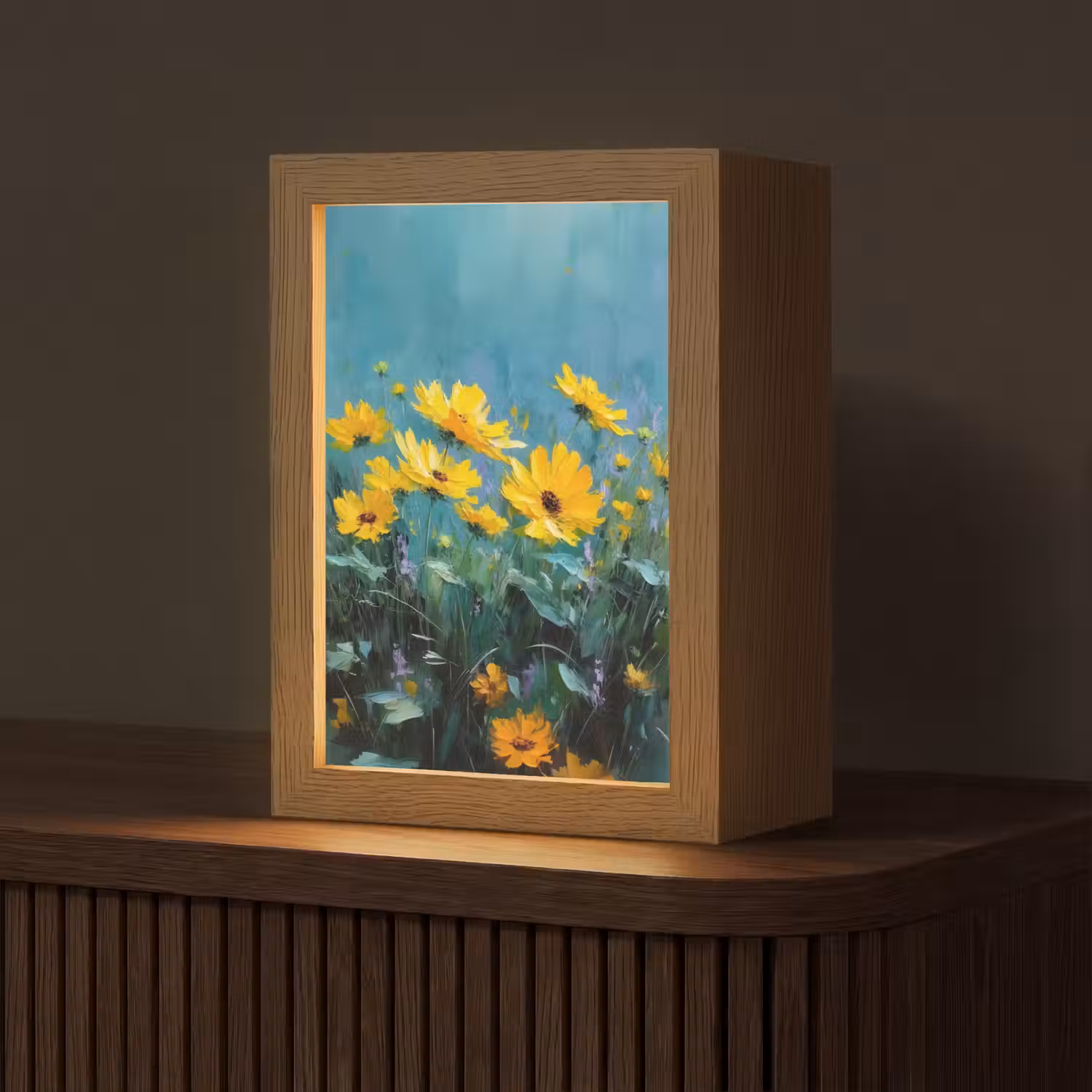 Penseelstreken - Bloemen - Felgeel - Abstract Light Box met kabel (Tafellamp) klein -z3d_website