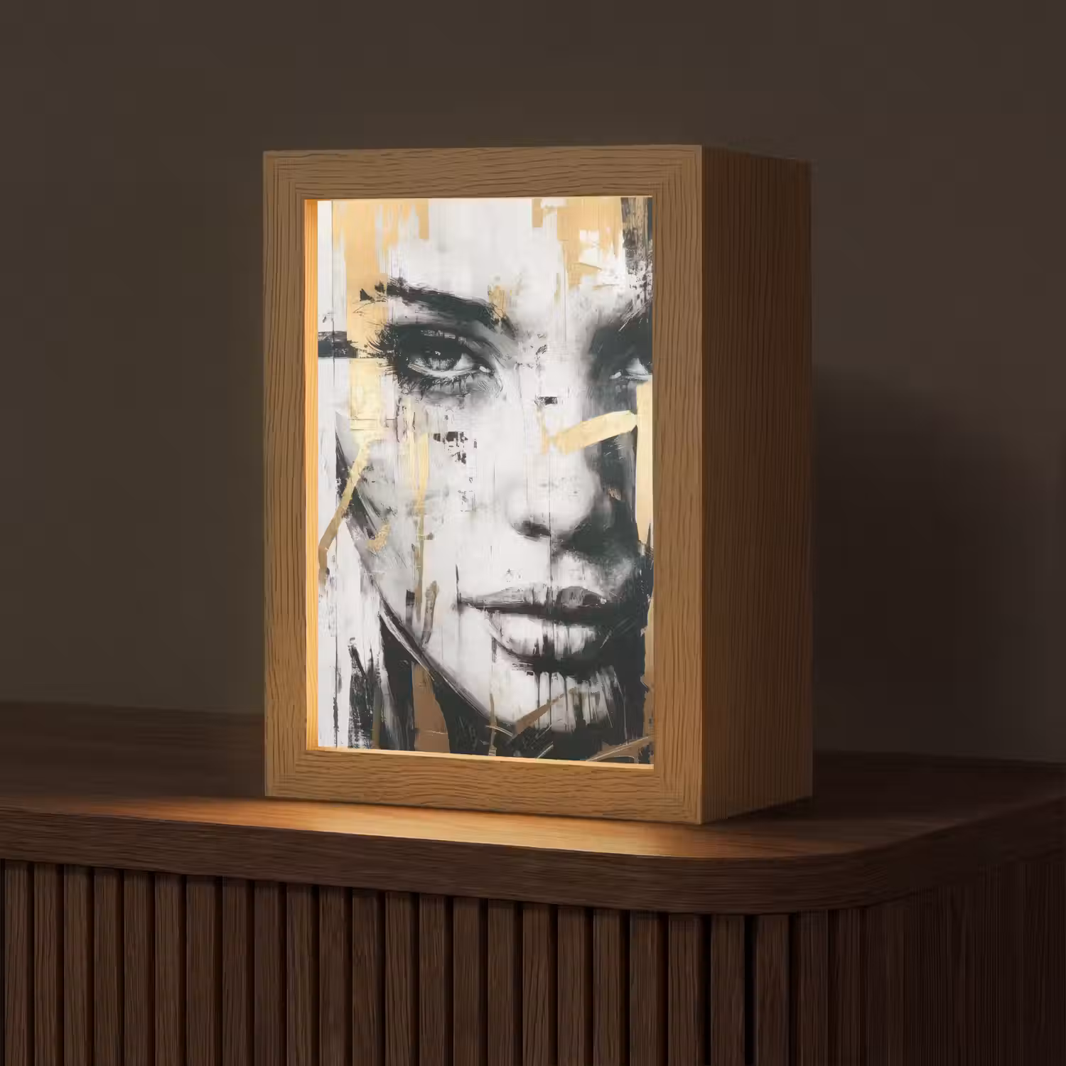 Portret - Vrouw - Penseelstreken - Goud Light Box met kabel (Tafellamp) klein -z3d_website