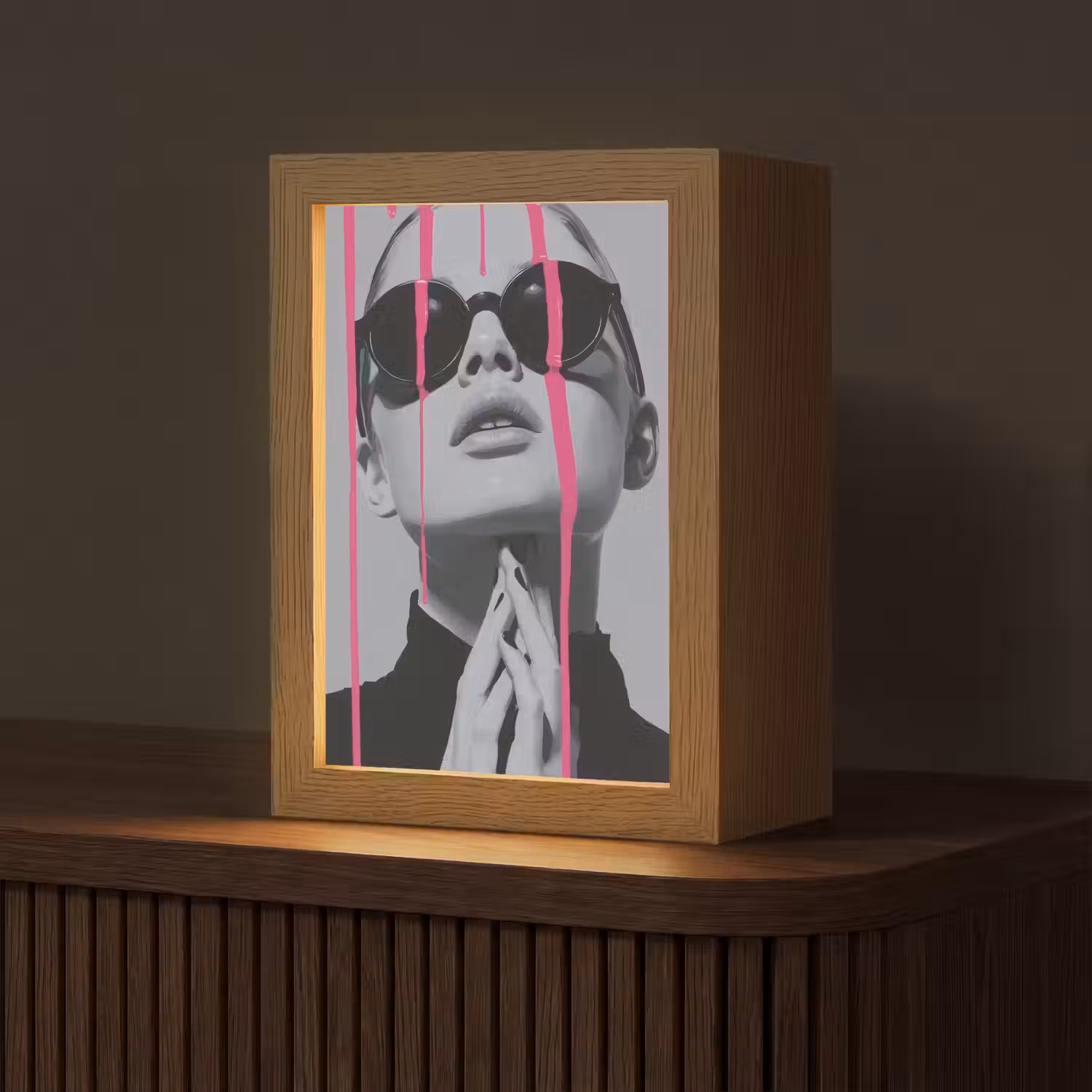 Portret - Vrouw - Zonnebril - Verfdruppels Light Box met kabel (Tafellamp) klein -z3d_website