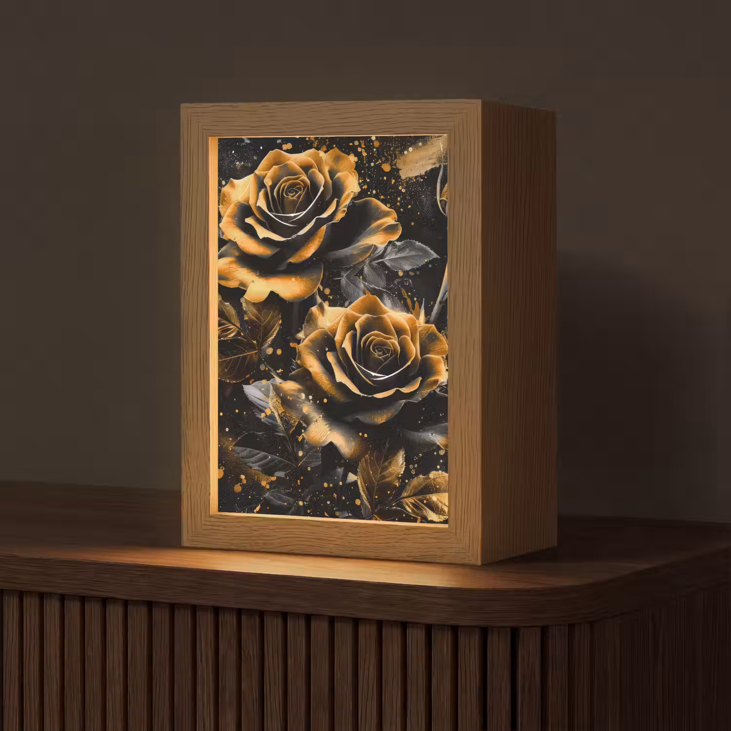 Rozen - Goud - Zwart - Bloemen - Modern Light Box met kabel (Tafellamp) klein -z3d_website