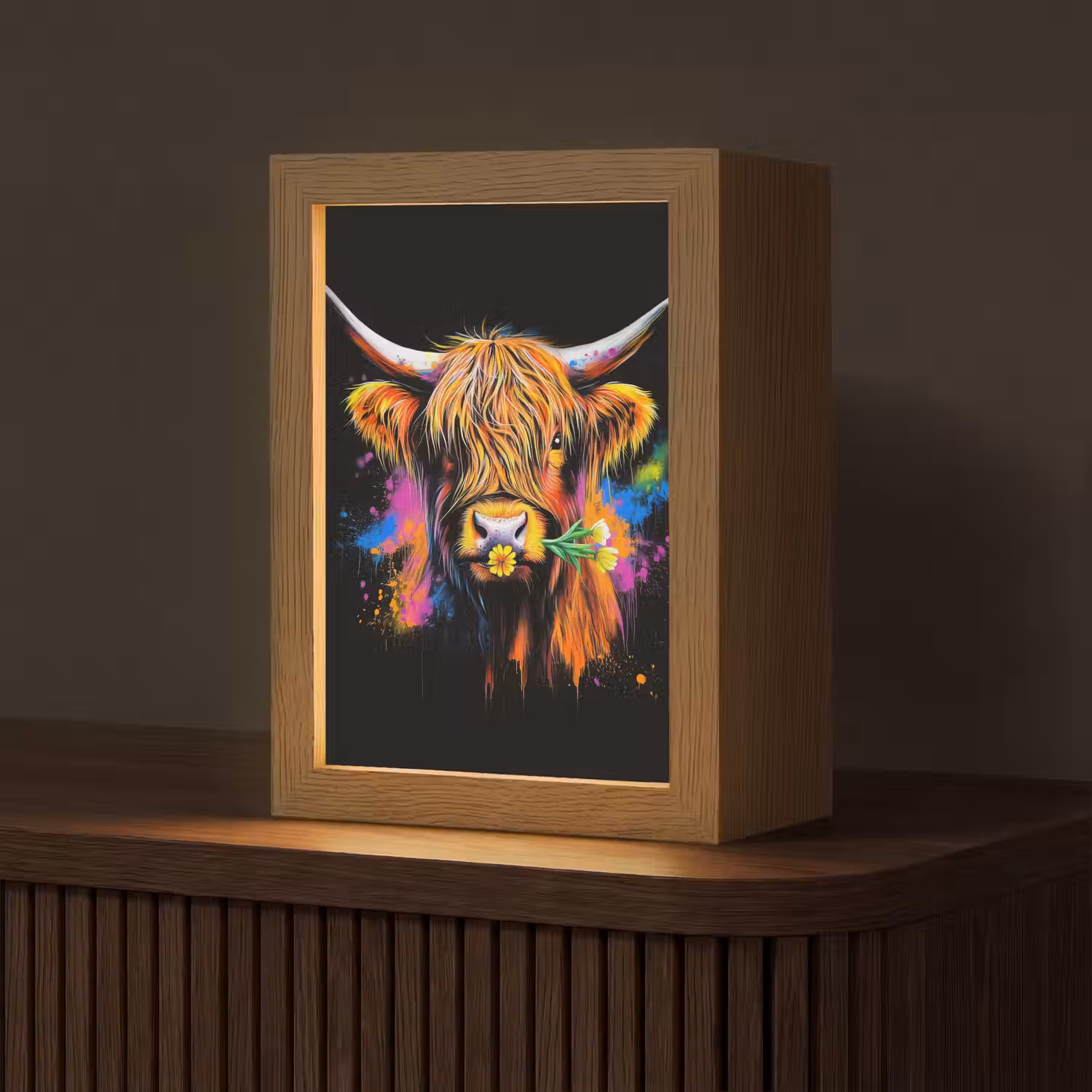 Schotse Hooglander - Graffiti - Kleurrijk - Bloem - Dieren Light Box met kabel (Tafellamp) klein -z3d_website