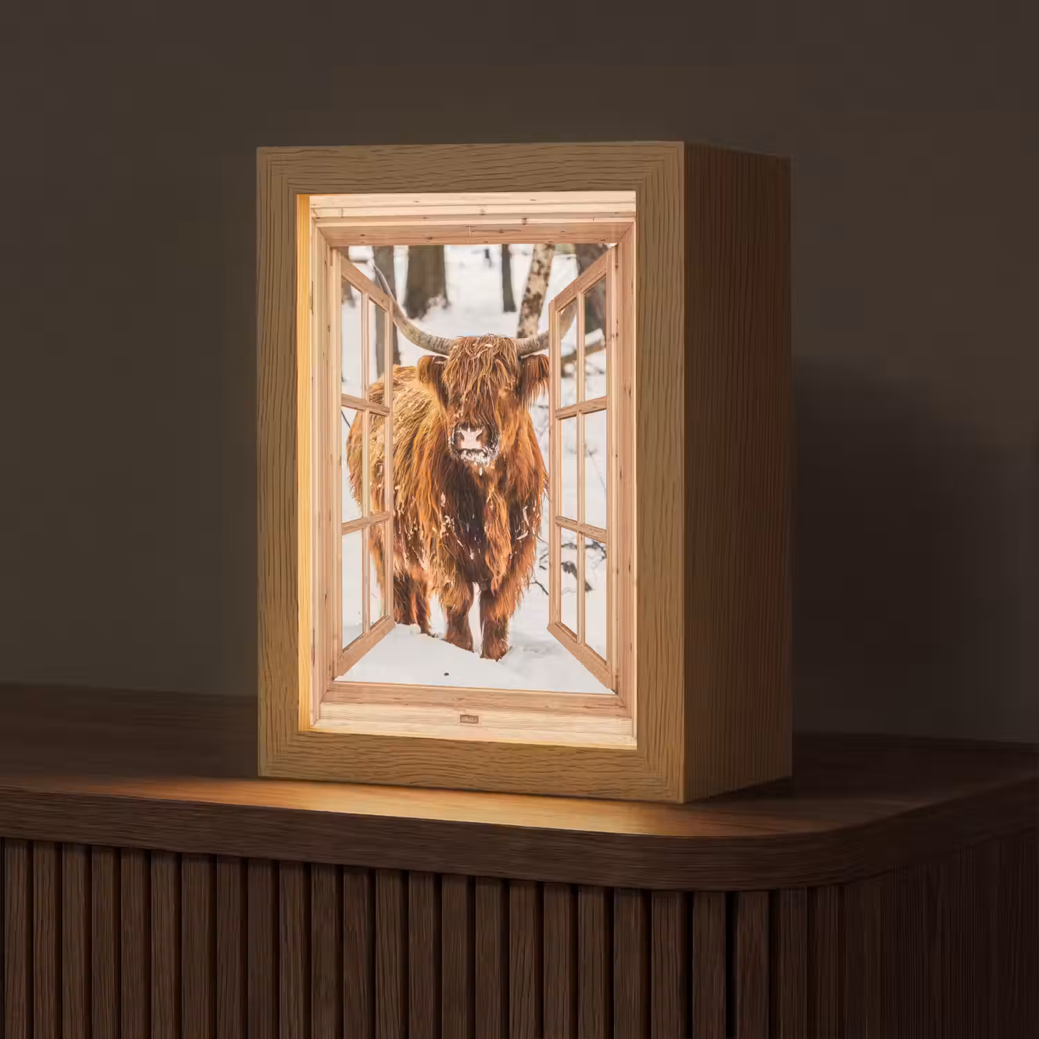Schotse Hooglander - Winter - Landschap - Natuur - Dieren - Doorkijk Light Box met kabel (Tafellamp) klein -z3d_website