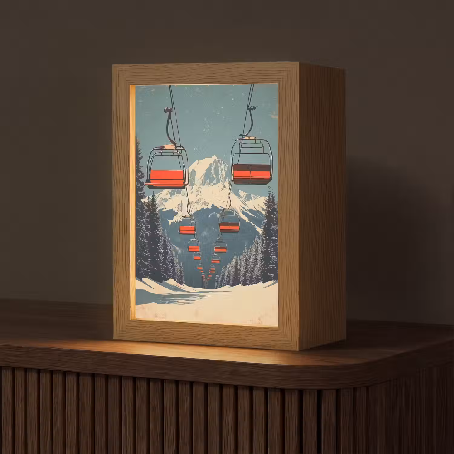 Sneeuw - Skilift - Rood - Bomen Light Box met kabel (Tafellamp) klein -z3d_website