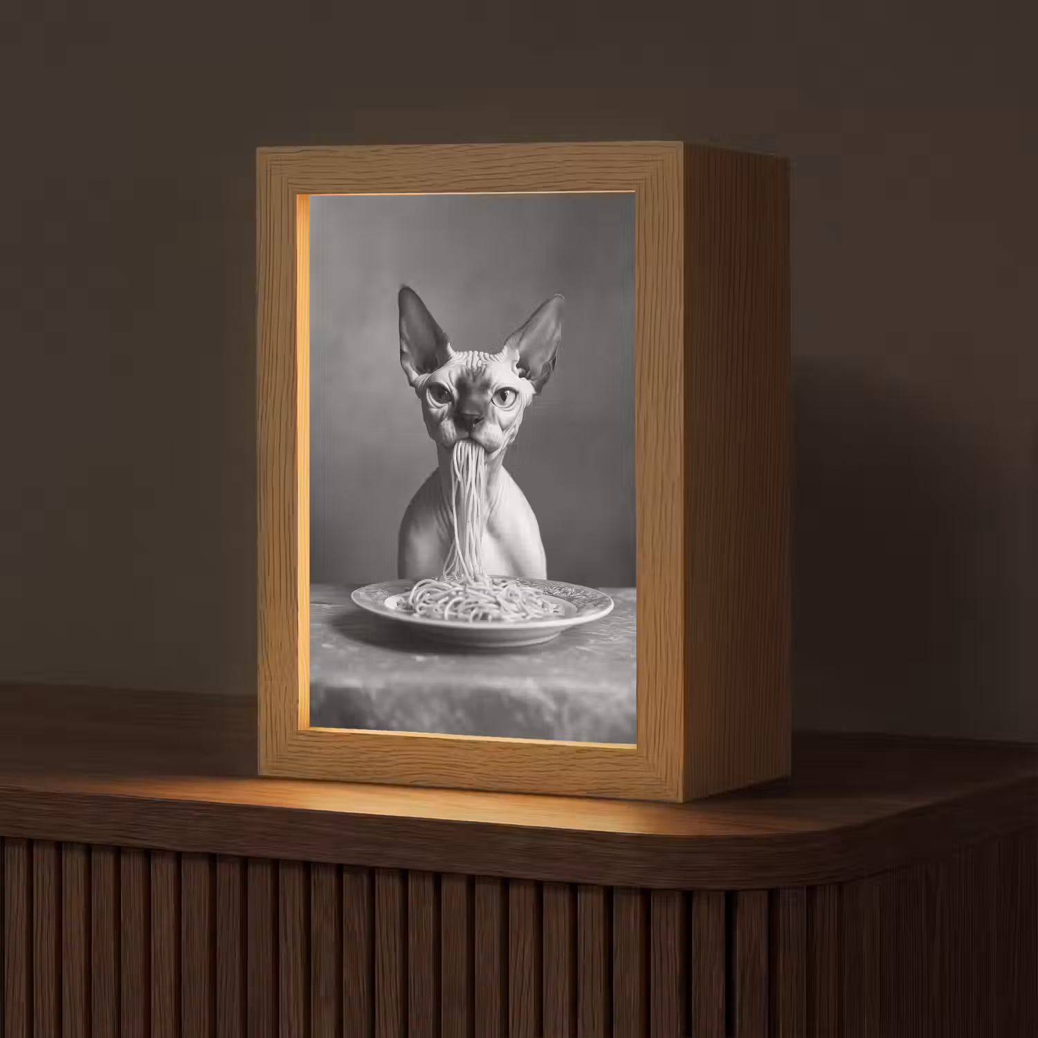 Sphynx - Kat - Dieren - Humor - Spaghetti - Zwart Wit Light Box met kabel (Tafellamp) klein -z3d_website