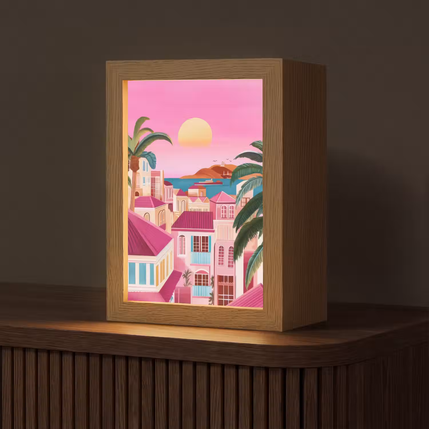 Stad - Roze - Palmbomen Light Box met kabel (Tafellamp) klein -z3d_website