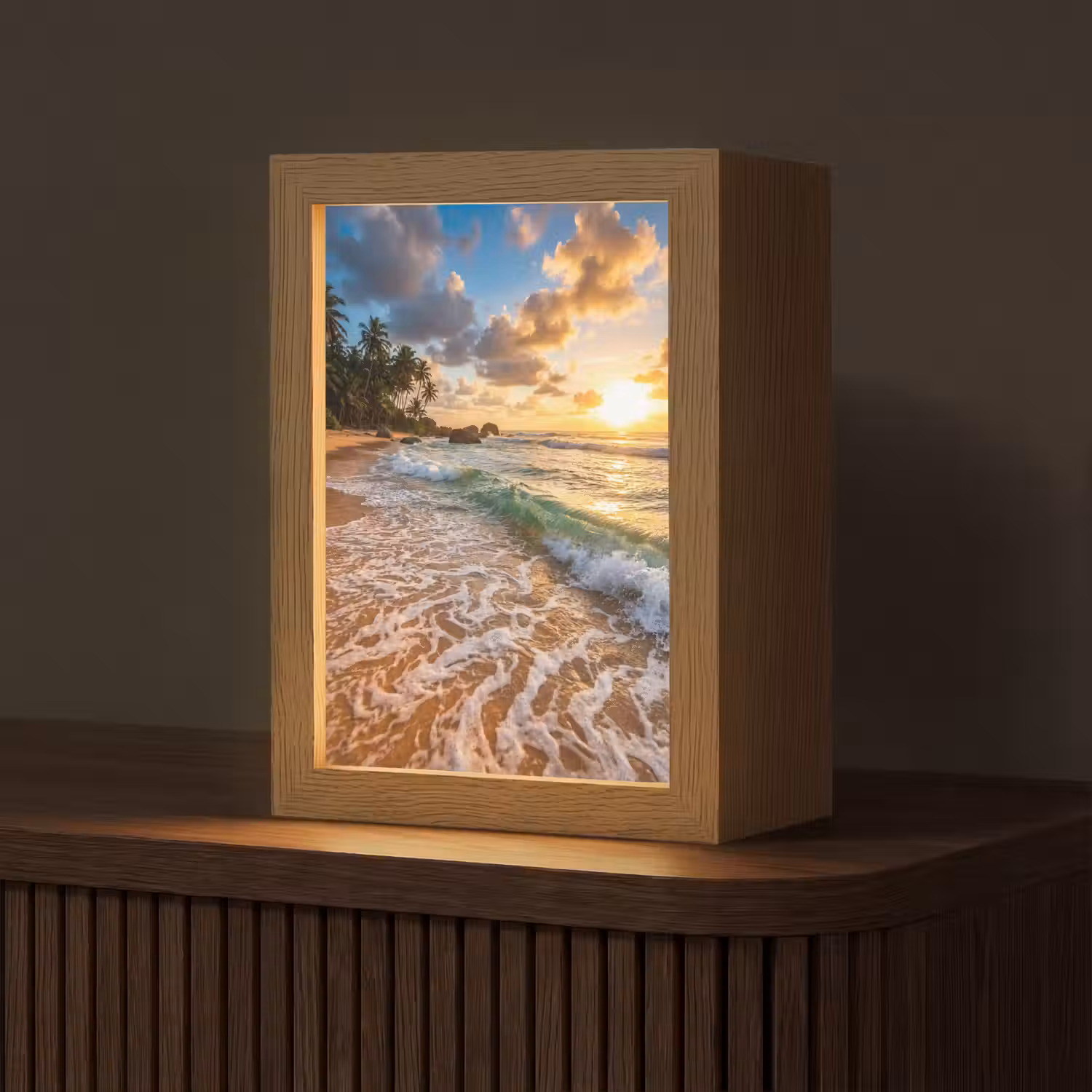 Strand - Zonsondergang - Golven - Natuur - Goud Light Box met kabel (Tafellamp) klein -z3d_website