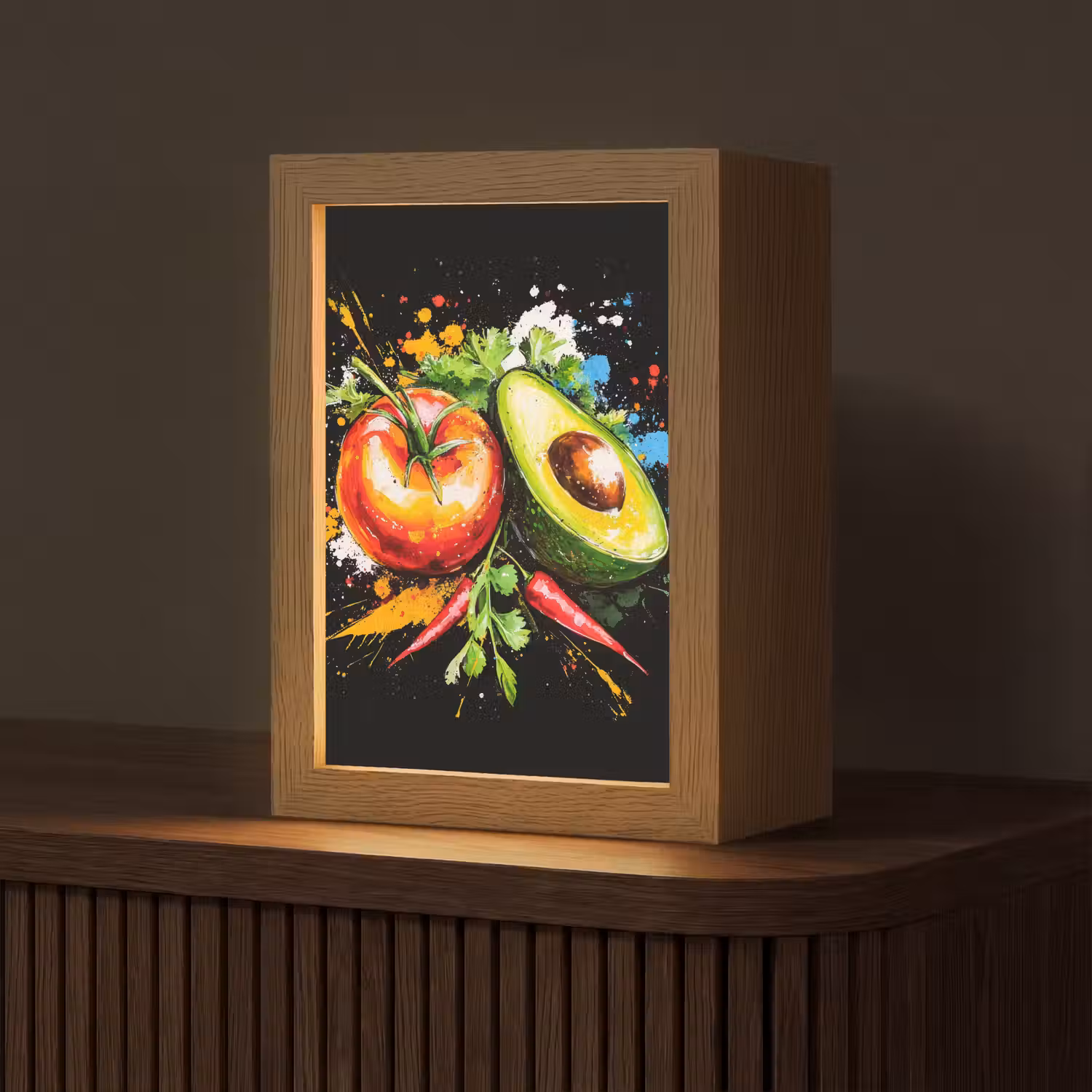 Tomaat - Avocado - Peper - Graffiti - Verf - Modern Light Box met kabel (Tafellamp) klein -z3d_website