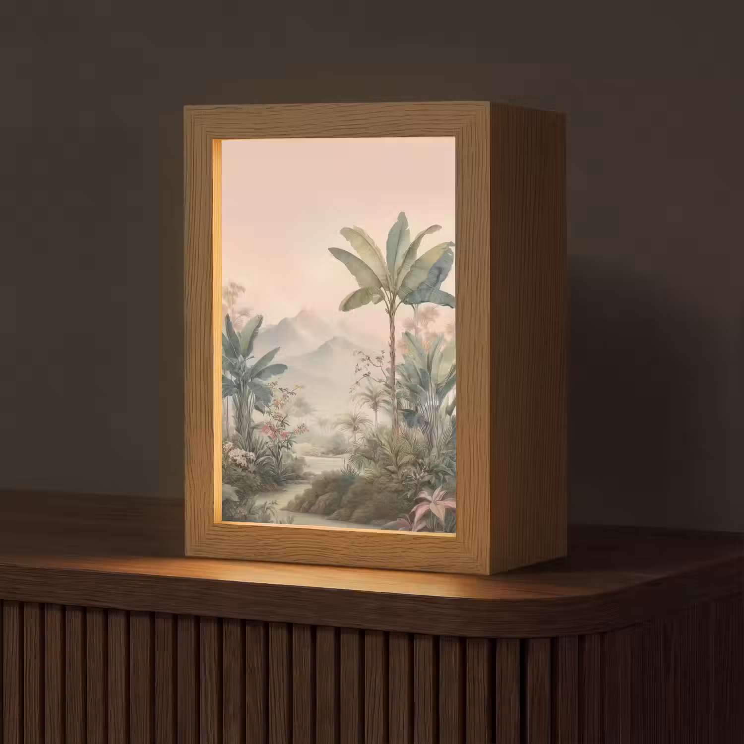 Tropisch landschap - palmbomen - Bloemen - Roze lucht Light Box met kabel (Tafellamp) klein -z3d_website