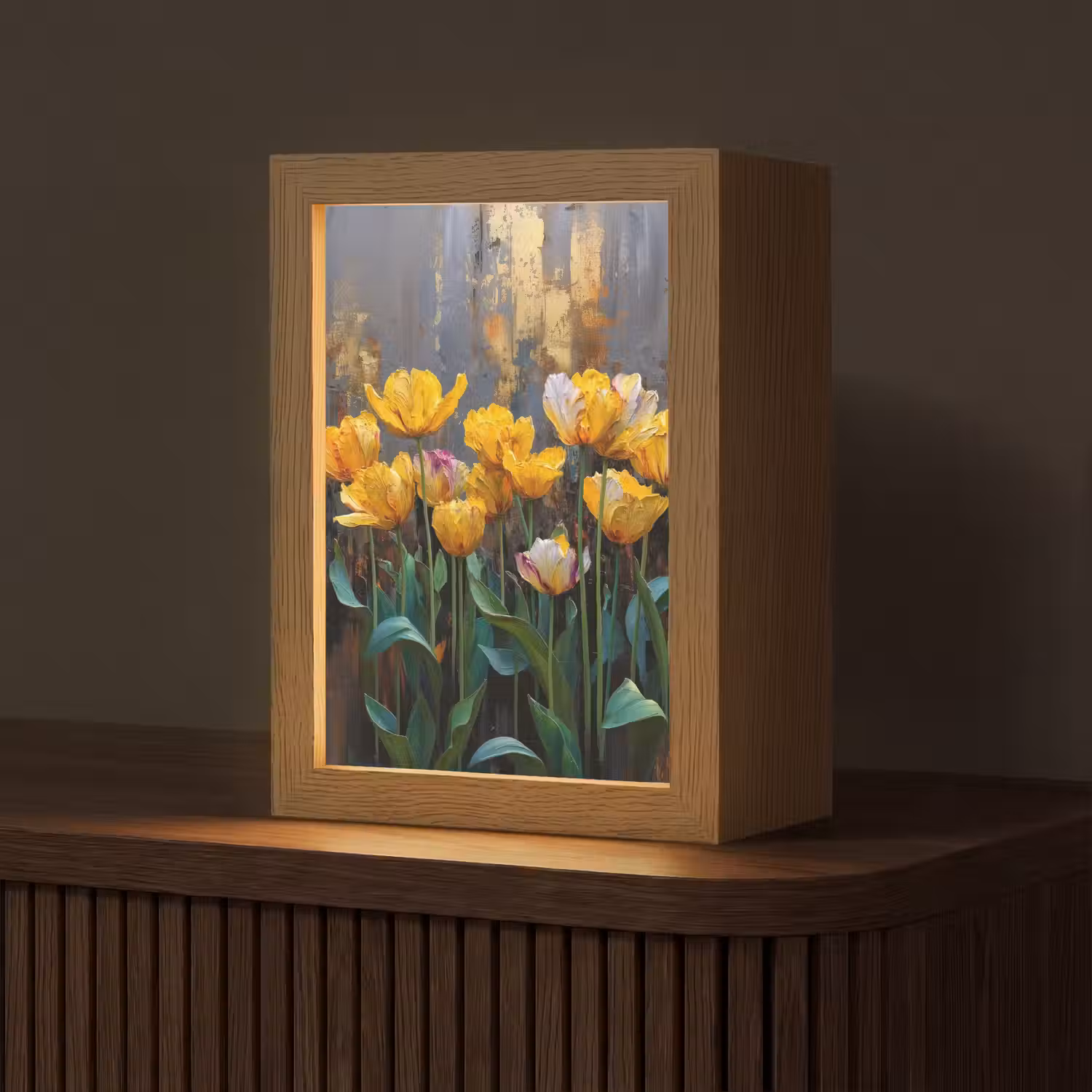 Tulpen - Geel - Penseelstreken - Abstract Light Box met kabel (Tafellamp) klein -z3d_website