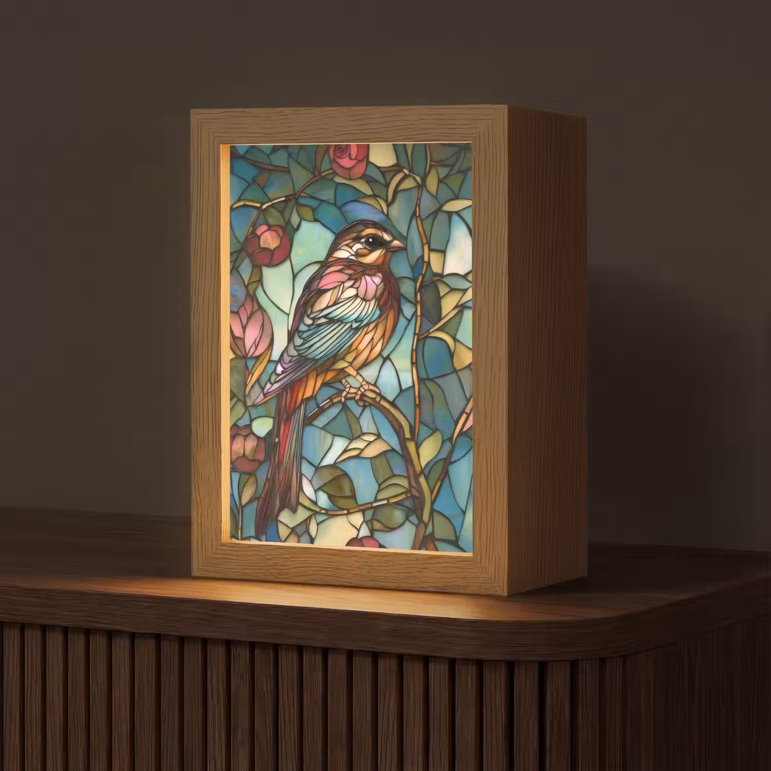 Vogel - Tak - Rozen - Mozaïek Light Box met kabel (Tafellamp) klein -z3d_website