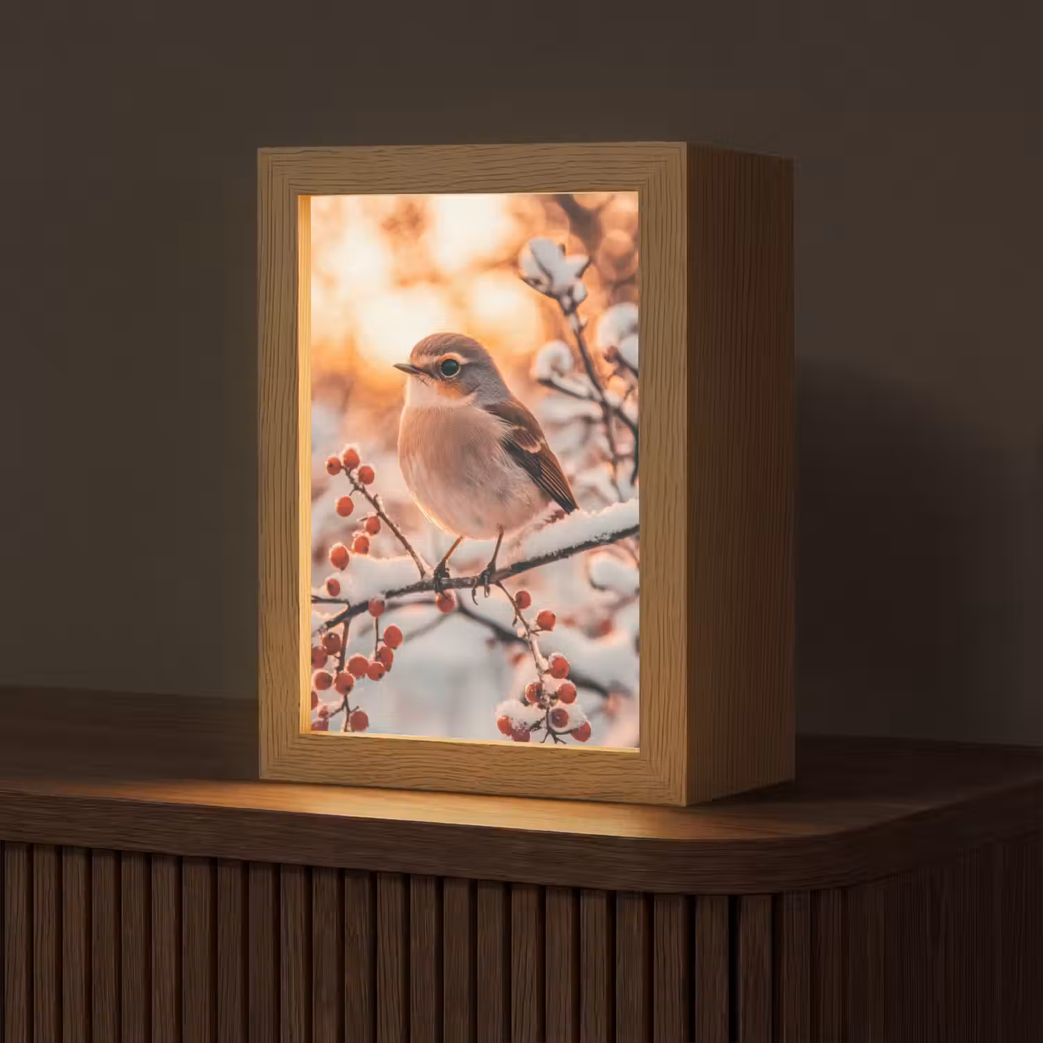 Vogel - Tak - Winter - Dieren - Sneeuw Light Box met kabel (Tafellamp) klein -z3d_website