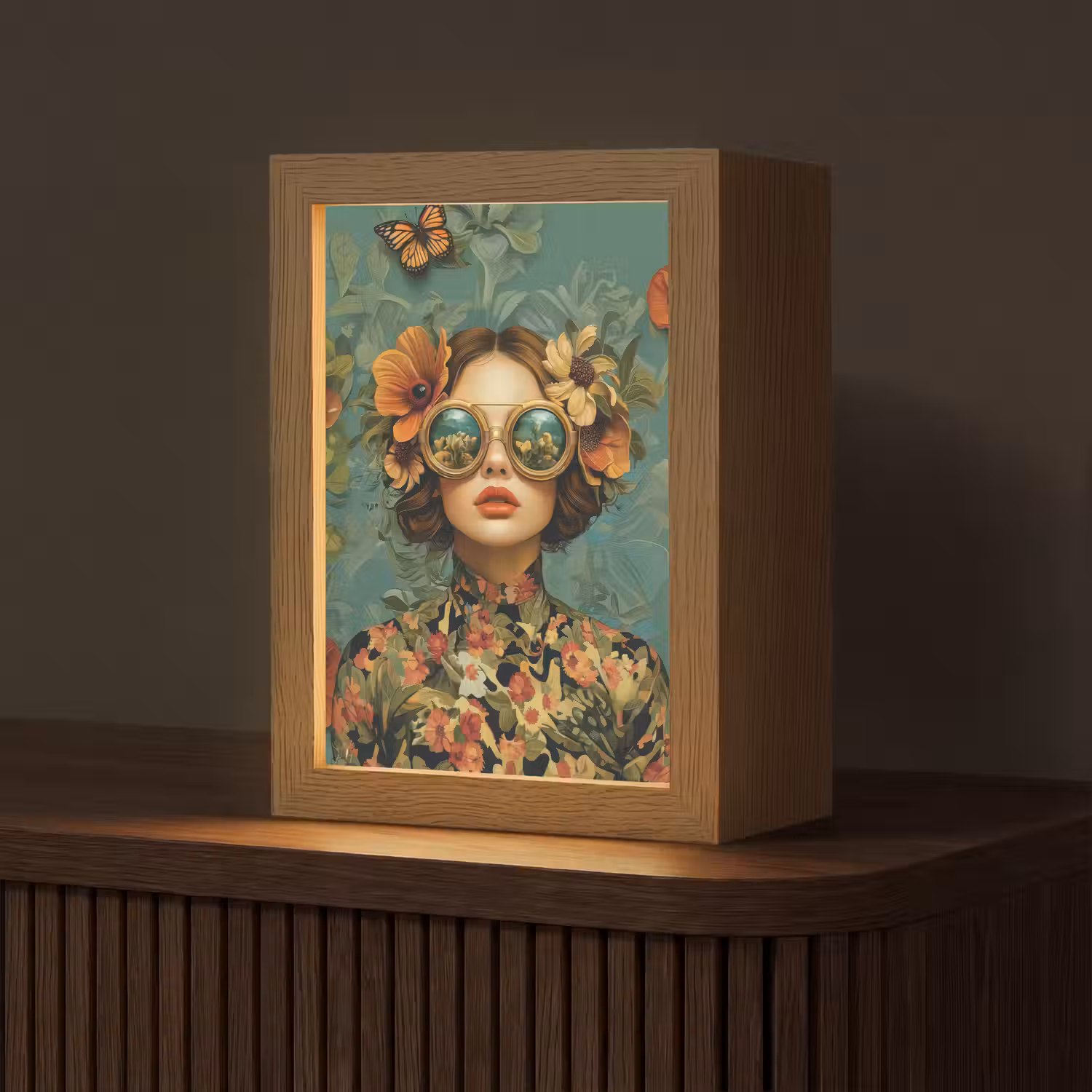 Vrouw - Bloemen - Vlinders - Natuur - Vintage Light Box met kabel (Tafellamp) klein -z3d_website